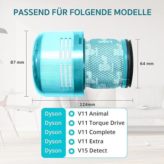 Cheerhom Dyson V11 için filtre, Dyson V11 V15 SV14 SV17 SV22 ile uyumlu, Dyson V11 için 1 adet Hepa filtre, Dyson V11 için 2'li vakum filtresi, Dyson V11 elektrikli süpürge için Torque Drive filtresi, yeşil