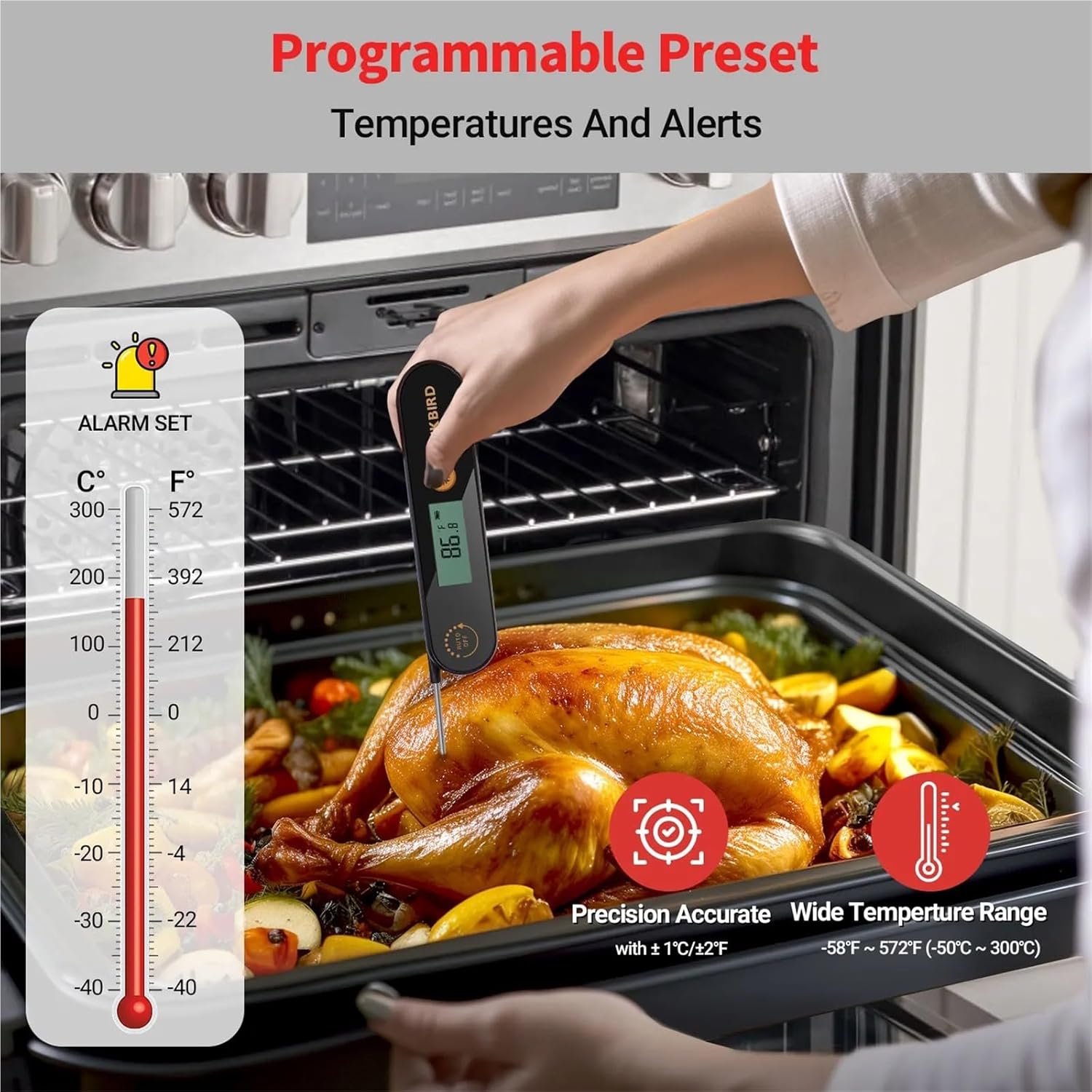 INKBIRD IHT-1X Meat Thermometer with Foldable Probes IPX5 Waterproof Rechargeable Digital Food Thermometer for BBQ,Deep Fry
