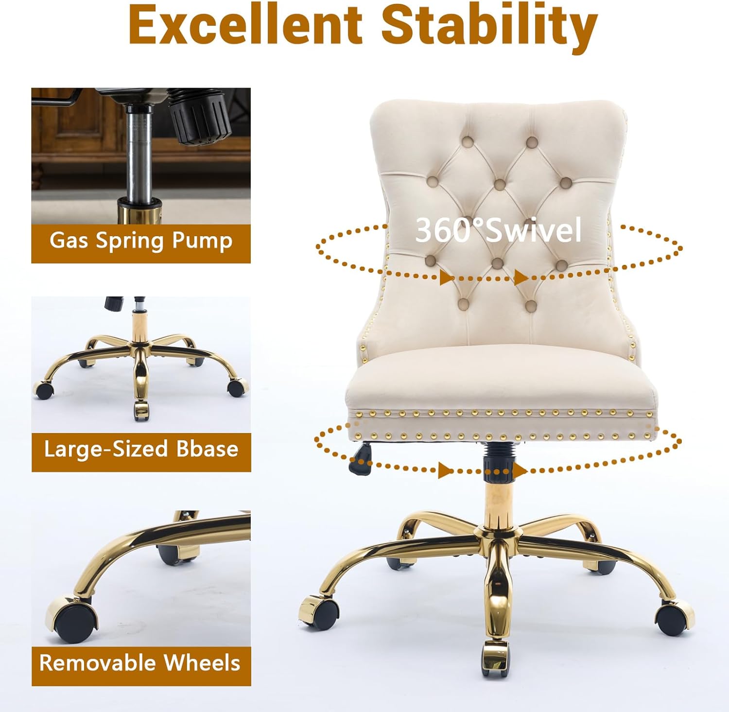 Anwick Velvet Vanity Chair with Back & Gold Base, Armless Office Chair with Wheels & Soft Cushion, 360° Swivel Chairs for Bedroom, Vintage, Upholstered, Tufted Button, Nailhead (Beige)