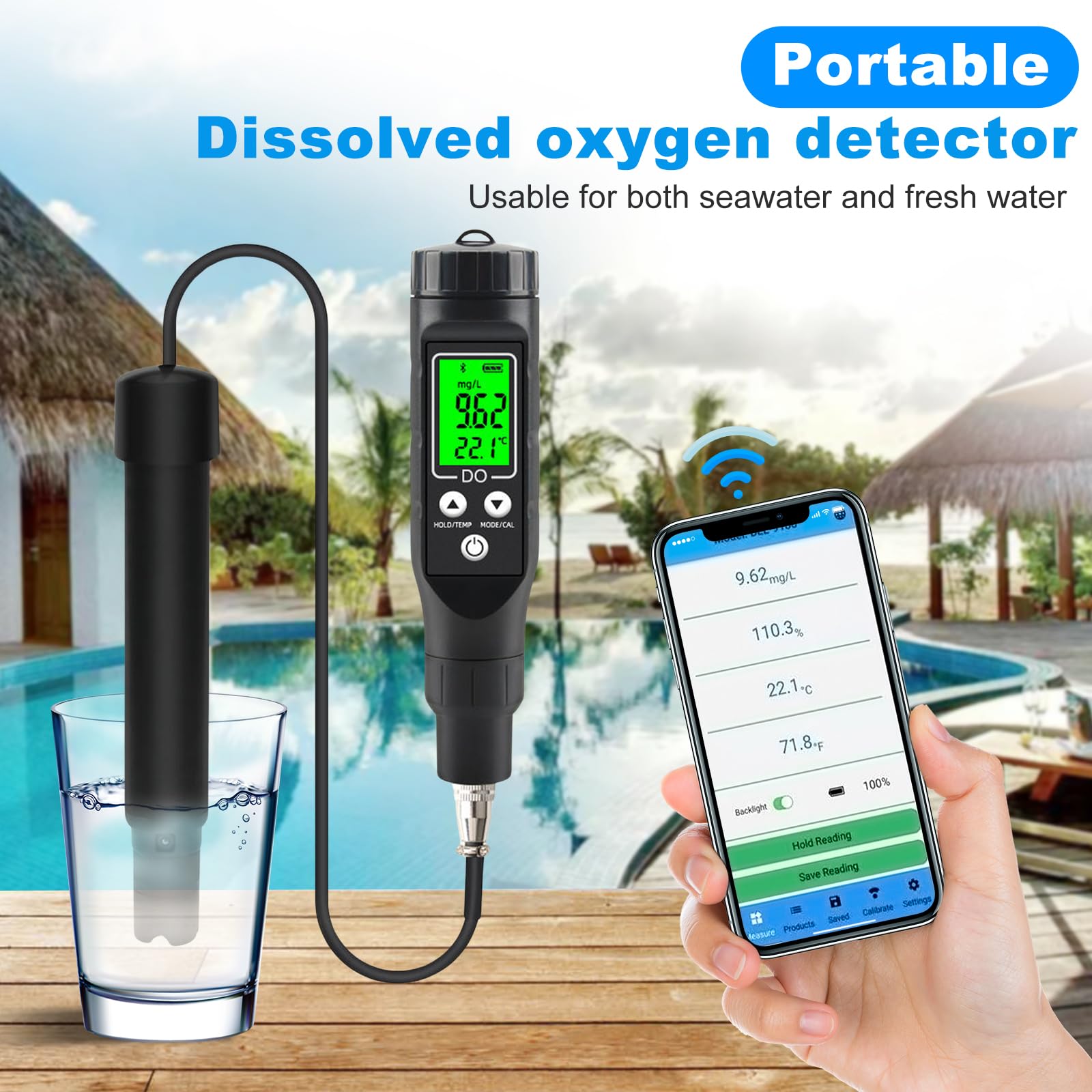 Détecteur d'oxygène Bluetooth pour l'eau Détecteur d'oxygène dissous pour l'eau Applicable aux bassins à poissons Aquarium Aquaculture BLE-9100 (comprend une poudre électrolytique)