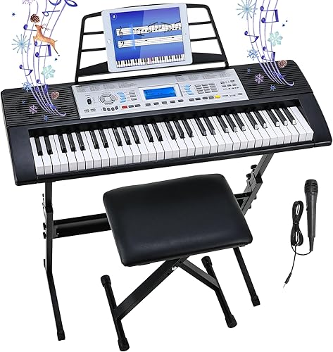 Miniatura 1 de LIFERUN Piano de teclado de 61 teclas, juego de teclado de piano digital con soporte, taburete, micrófono, fuente de alimentación doble, altavoces
