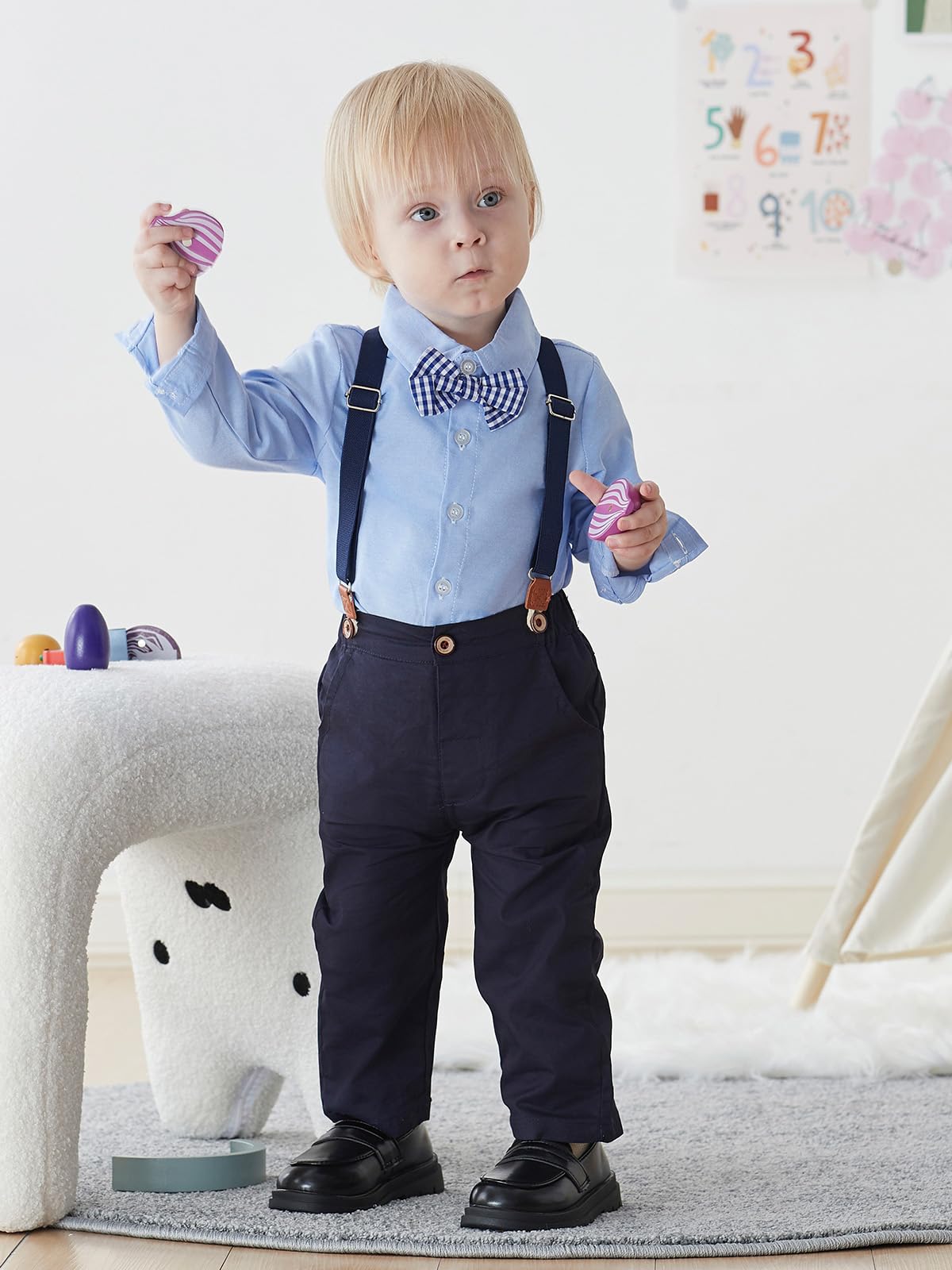 SALNIER Traje de bebé para niños pequeños, vestido de boda, formal, conjunto de ropa de caballero, camisa, corbatín, tirantes y pantalones