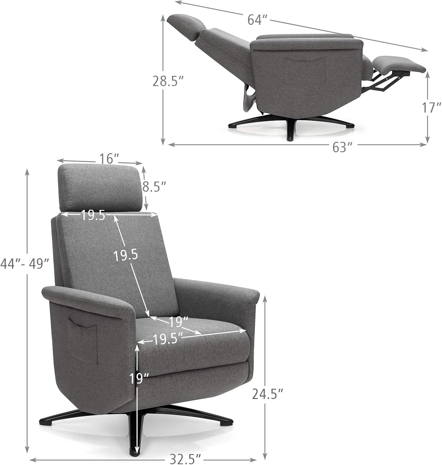 Giantex Recliner Chair with Vibration Massage, 360 Degree Swivel Reclining Sofa Chair, Adjustable Headrest & Footrest, Ergonomic Recliner Chair with Side Pocket & Remote Control for Living Room Office