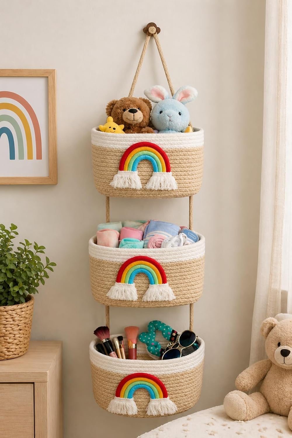 Rainbow Rope Storage Basket Set (3 Tier) – Handmade Cotton Rope Hanging Organizer for Kids Room, Nursery | Size: 80 cm Height × 28 cm Width (Beige & White with Multicolour Rainbow)-image-46