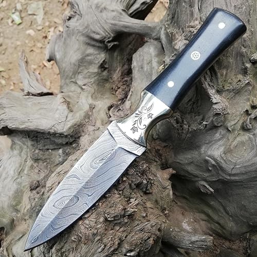 Miniatura 5 de Nooraki DK-340 Cuchillo de hoja fija de acero de Damasco hecho a mano con funda de cuero, cuchillo multiusos de espiga completa con micarta negra y