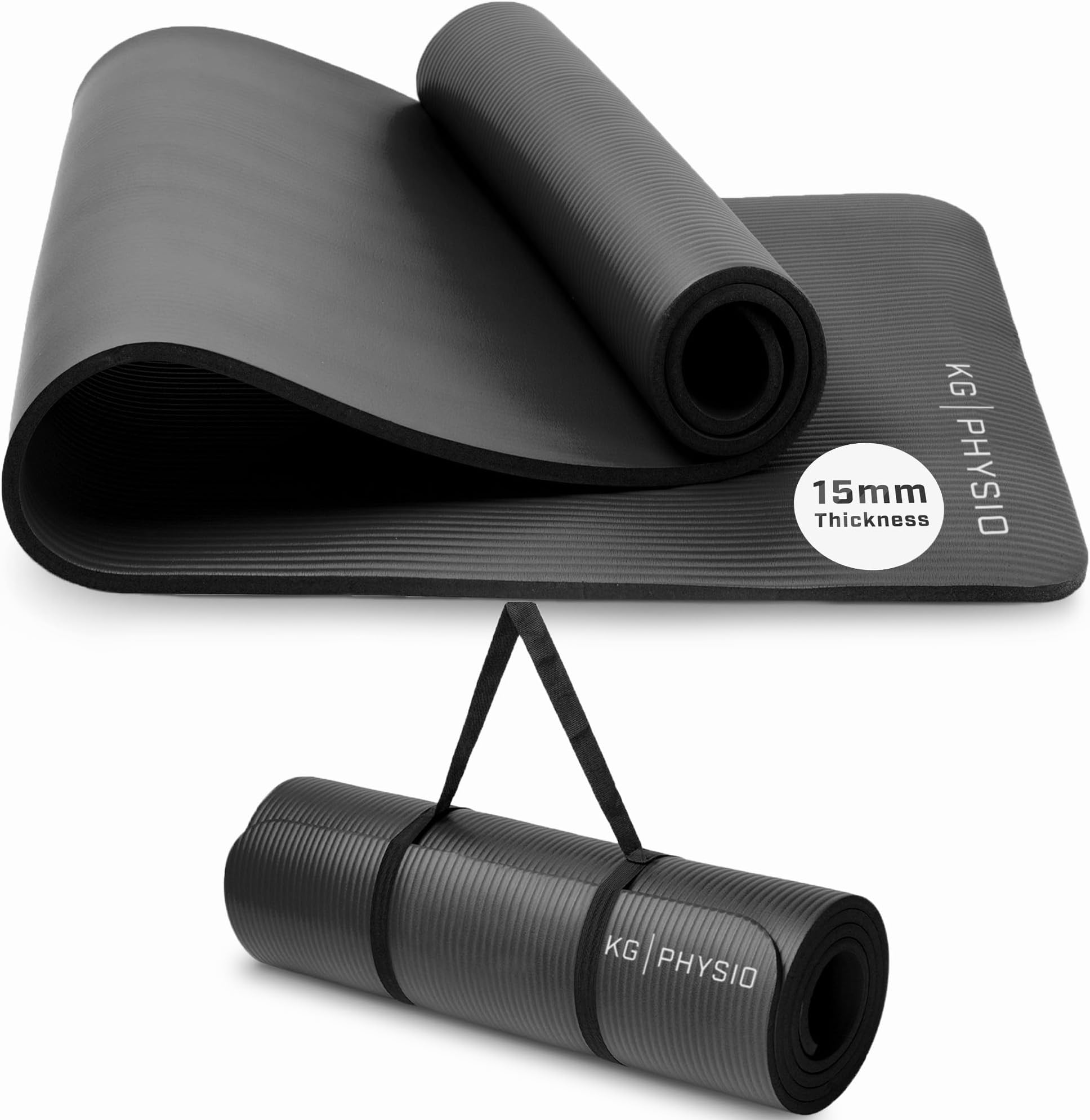 Yoga Mat by KG Physio - Yoga Mats for Women & Men, Foam Exercise Mats, Pilates Mat Thick Non Slip Gym Mats for Home Workout at Home Fitness, Foam Mats Thick (15mm) (Black)