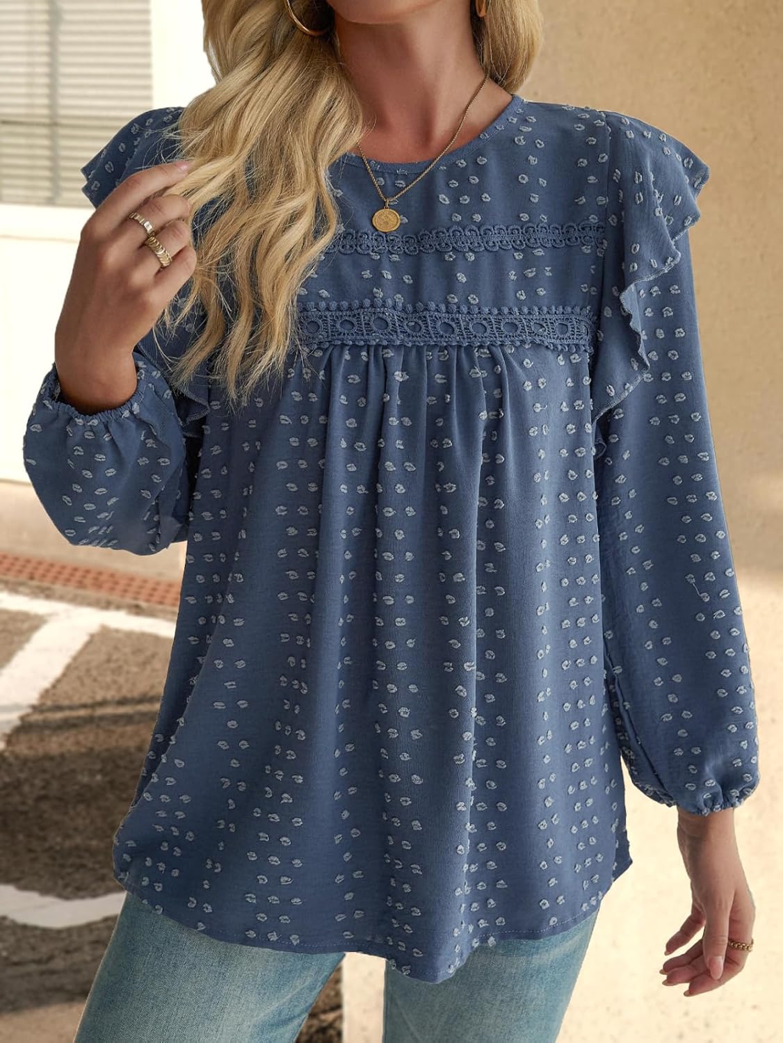 SKVON Womens Boho Tops Long Sleeve Ruffle Peasant Swiss Dot Flowy Blouses Tunic Dressy Casual Crochet Loose Fit Shirts 2025 - Image 4