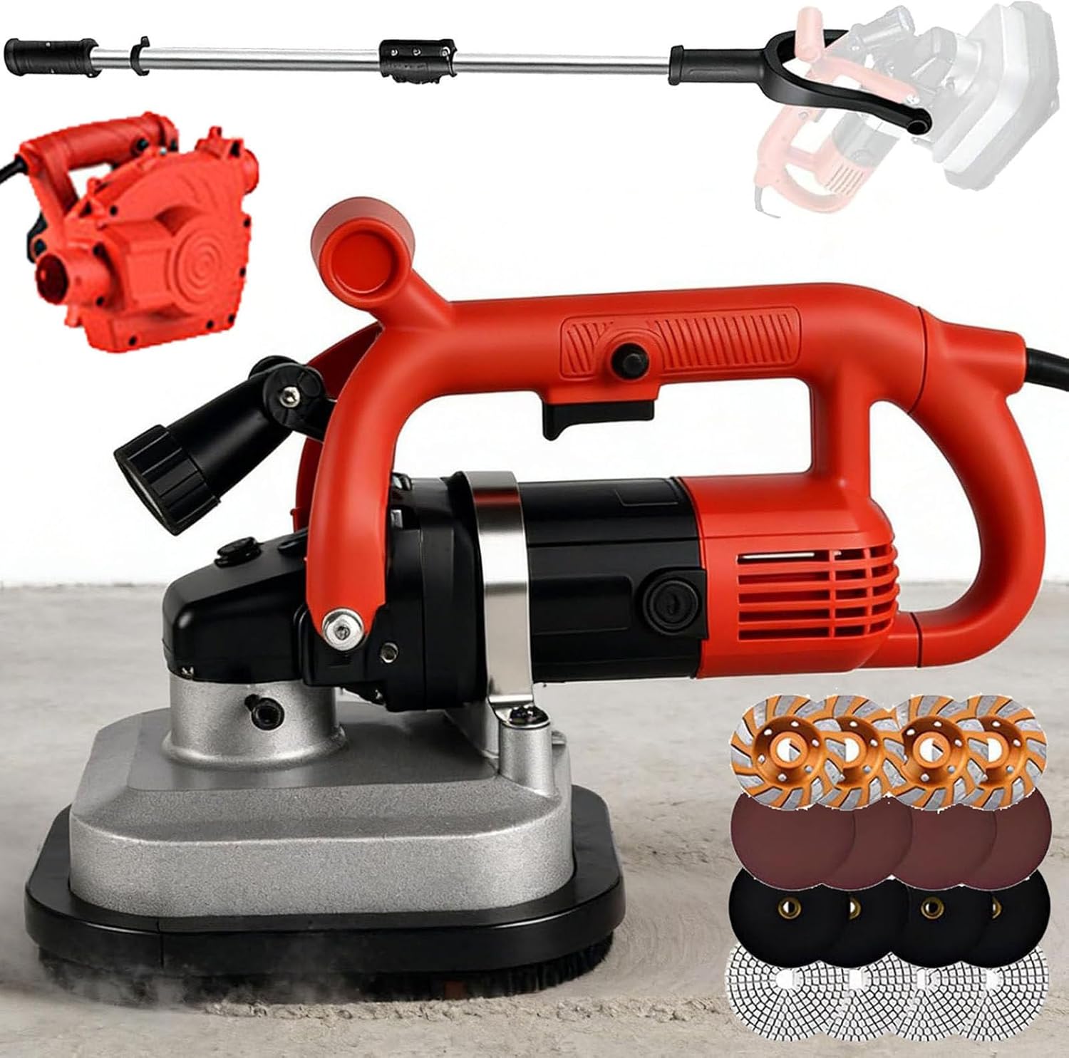 Wood Floor Sander with Stainless Steel Extension Rod & Wet Dry Vacuum,Electric Floor Grinder Polisher Machine with 4-Head for Concrete Grinding,Stone Polishing,Floor Coating Renovation