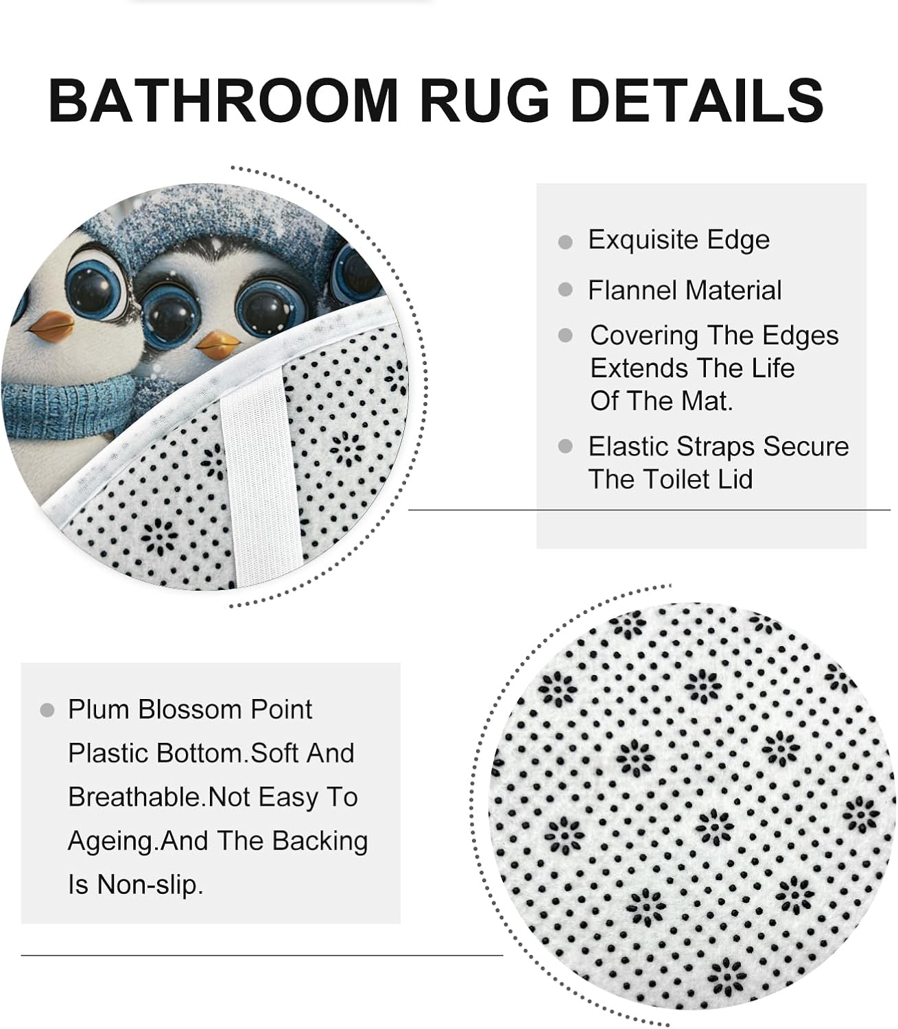3PCS Kid Fun Penguin Bathroom Accessory Set with Two Non-Slip Washable Bath Rugs (16x24&20x32), Winter Anime Animal Bathroom Mat Decorative-72''x72'''