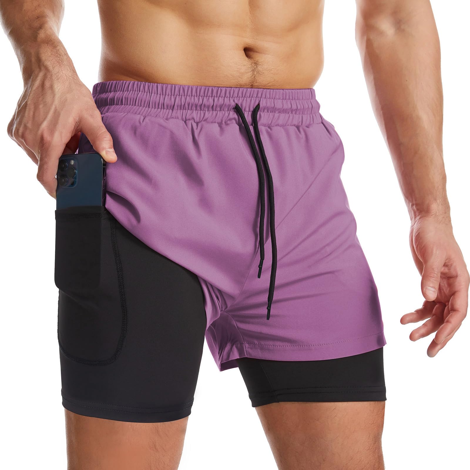 Surenow Mens 2 in 1 Running Shorts Quick Dry Athletic Shorts with Liner, Workout Shorts with Zip Pockets and Towel Loop
