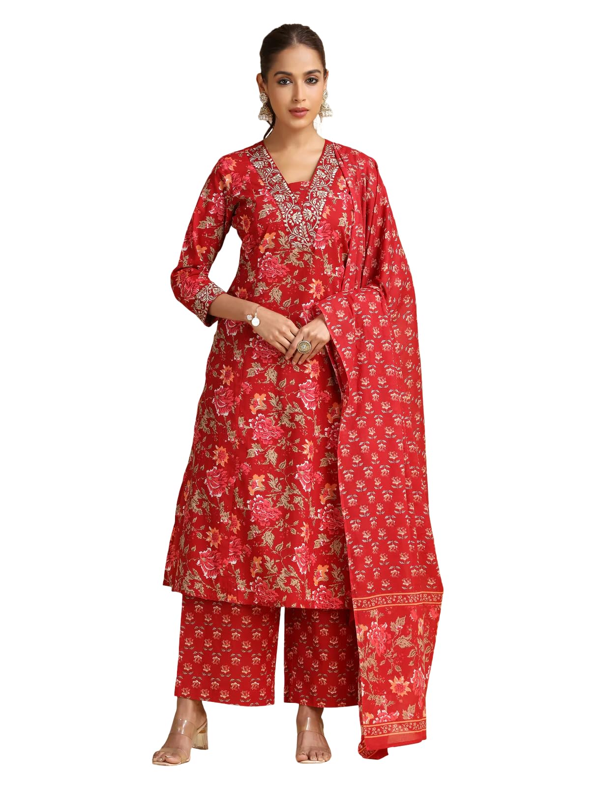 cotton culture Maroon Embroidered A-Line Cotton Ethnic Set-picture-11