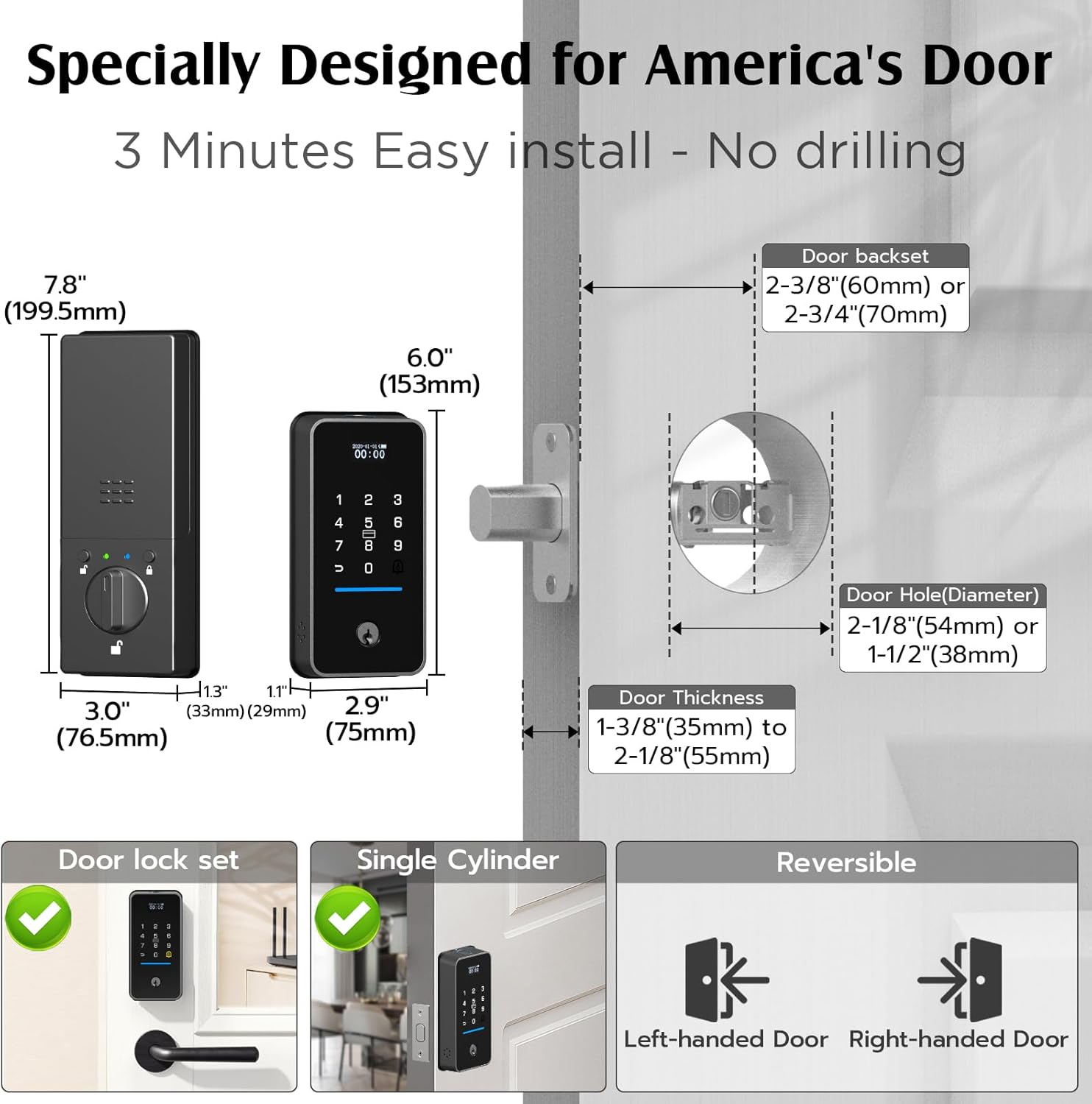 Door dimensions and compatibility for Dhiedas MD1 Smart Lock