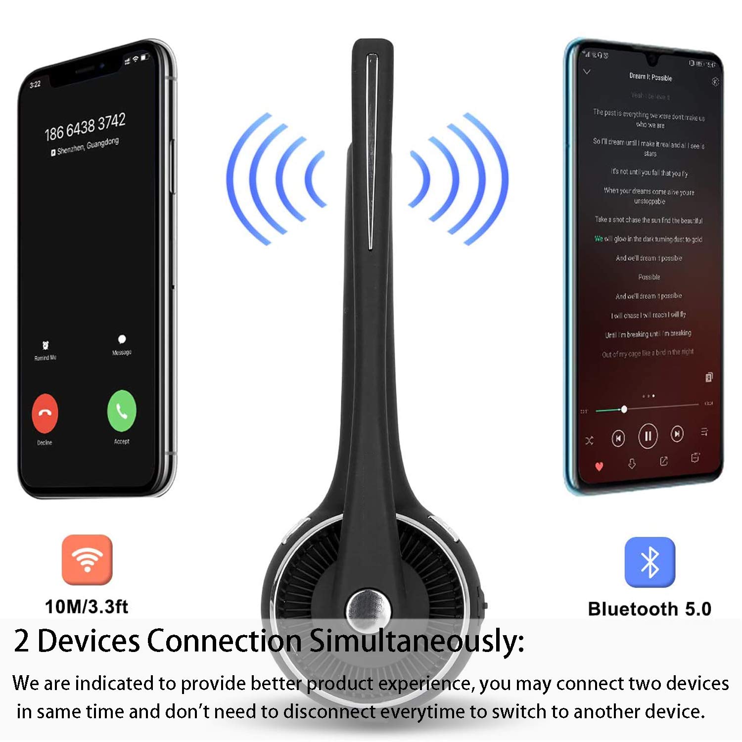 Cuffia Bluetooth senza fili con microfono, con cancellazione del rumore, cuffie Bluetooth per camionista, vivavoce con dock di ricarica per call center, casa, smartphone, PC