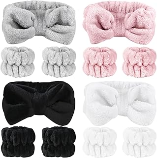 SLNZAPTY 12個 洗顔 ヘッドバンド リストバンドセット レディース ガールズ ソフトマイクロファイバー フェイシャル スパ ヘアラップ メイクアップ スキンケア バス ヘッドバンド 洗顔用リストバンド (ホワイト、ピンク、グレー、ブラック)