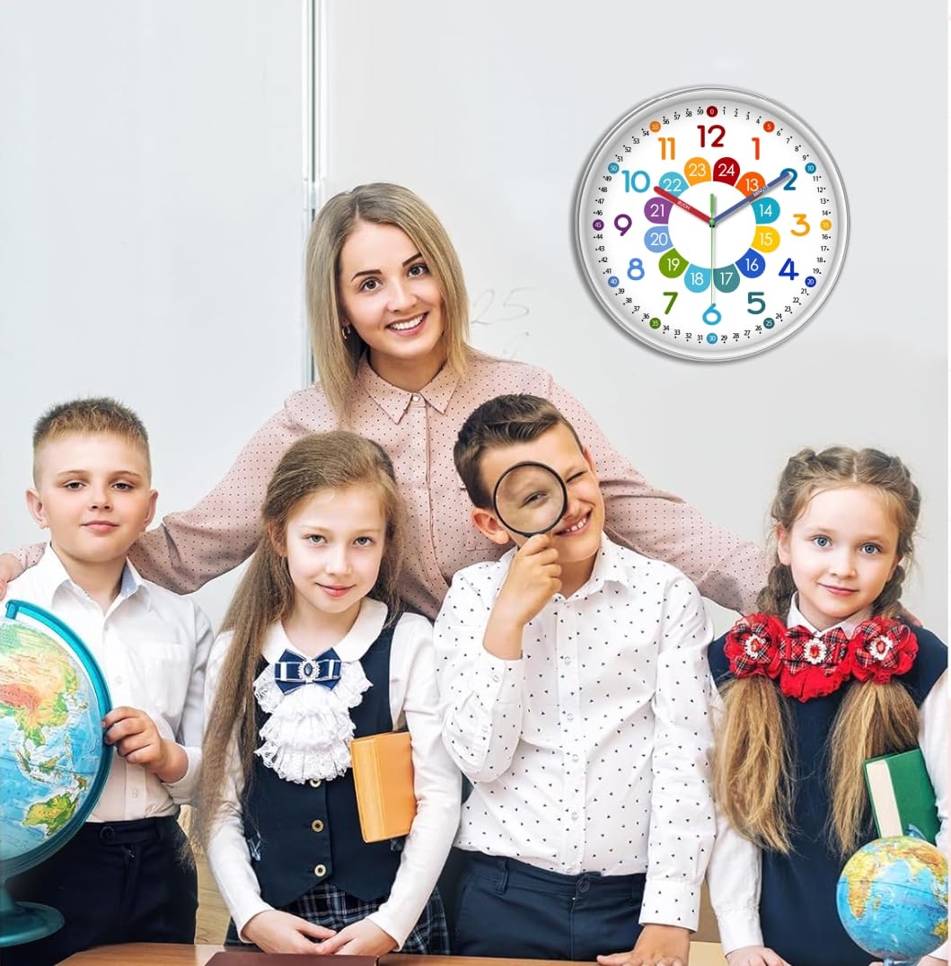 Clock Wall Learning Wall Clock For Kids – 12 Inch Silent Analog Clock ...
