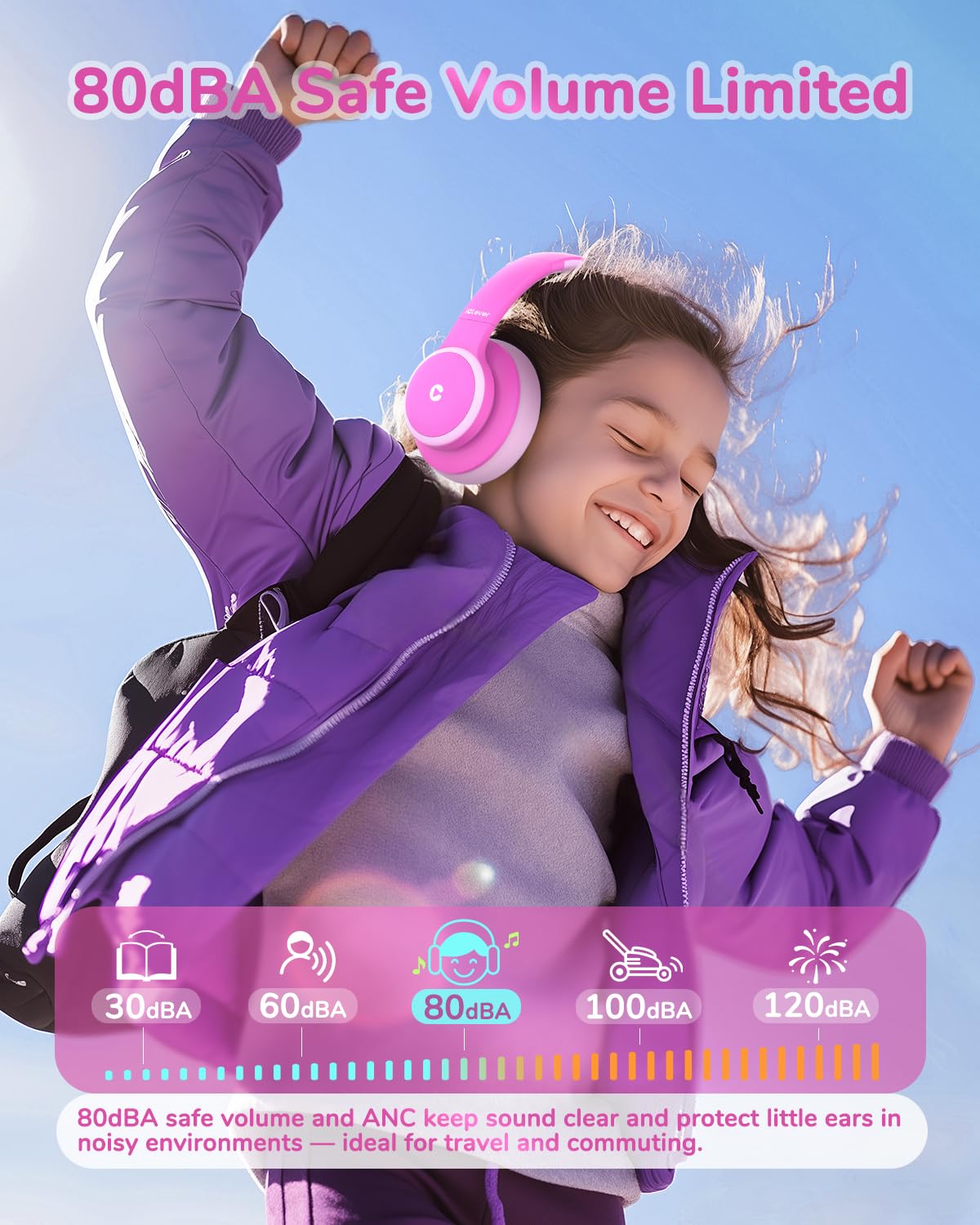 iClever BTH26 Cuffie con cancellazione attiva del rumore per bambini, 60 ore di gioco, volume sicuro 80dBA, ricarica rapida di tipo C, Bluetooth5.4, cuffie Bluetooth per bambini con cavo AUX per iPad