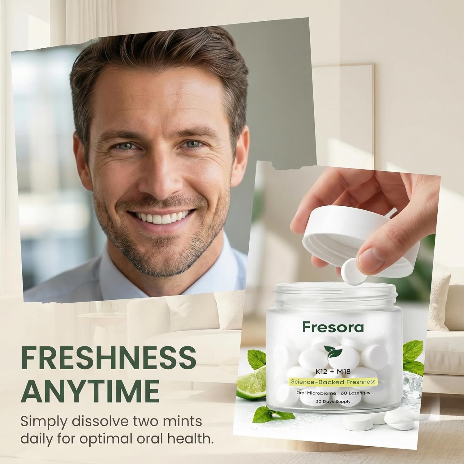 Fresora Oral Probiotics, with K12 & M18, Oral Probiotic Mints for Fresh Breath & Oral Microbiome Balance, Sugar-Free, 60 Count