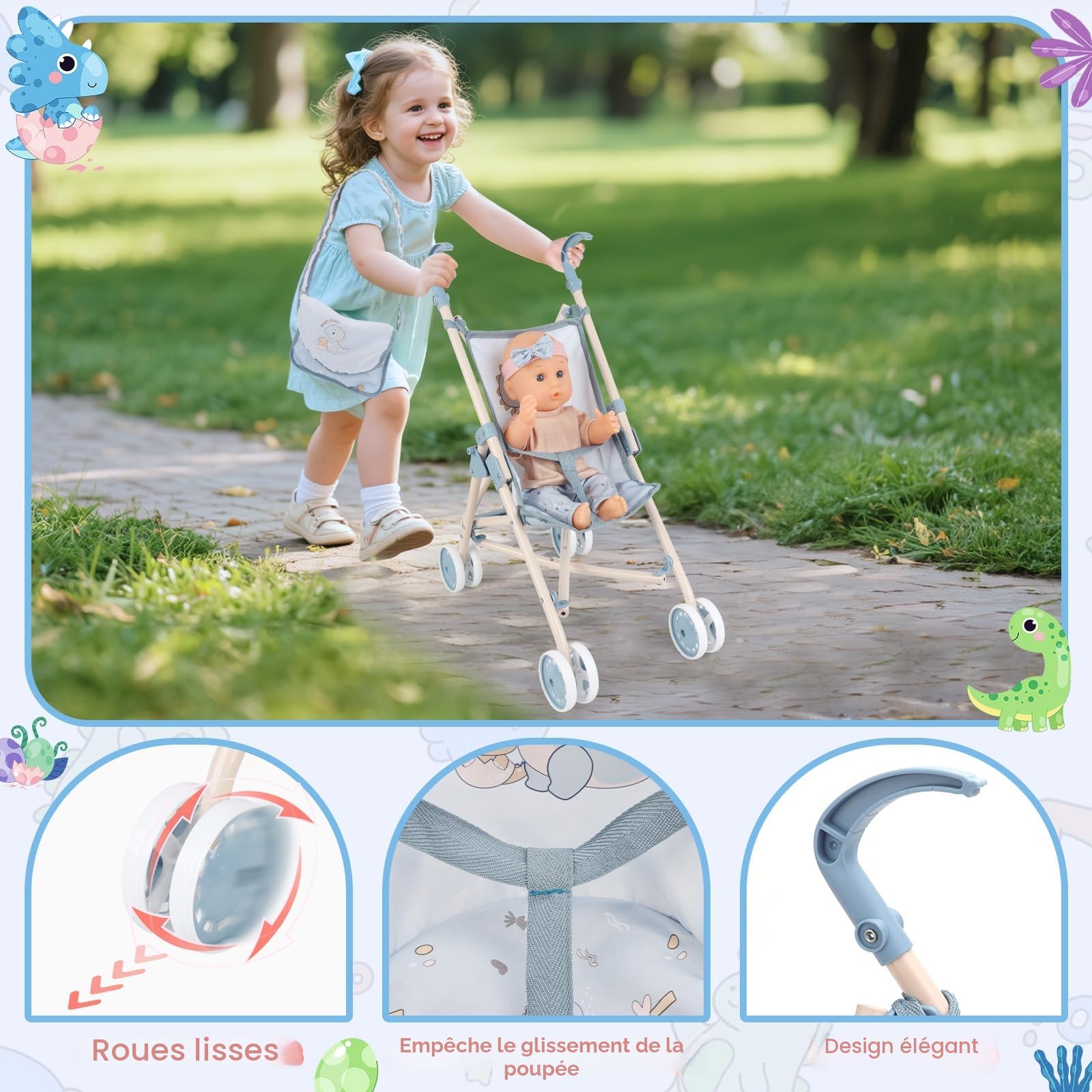 deAO Ensemble Poupée Bébé 30 cm avec Accessoires, Set de Jeu de Rôle 3 Ans+ | Poussette Pliable, Berceau, Lit Pépinière, Chaise Haute, Tapis de Jeu, Sac de Voyage, Plastique Sûr, Assemblage Facile