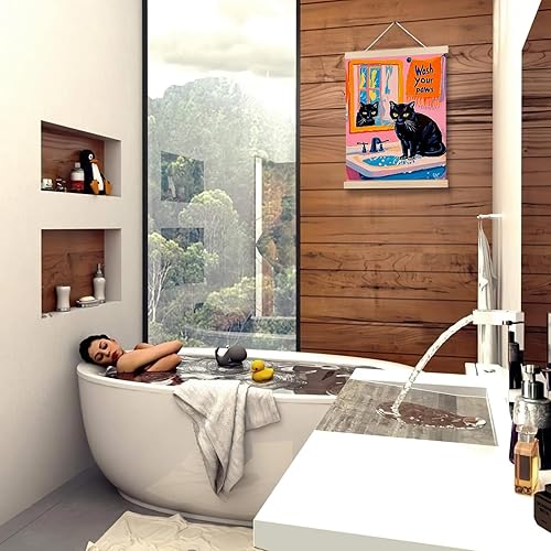 Miniatura 6 de Maximalist - Arte de pared de gato negro con texto en inglés "Wash Your Paws", decoración de pared de baño, decoración de baño de gato, divertido
