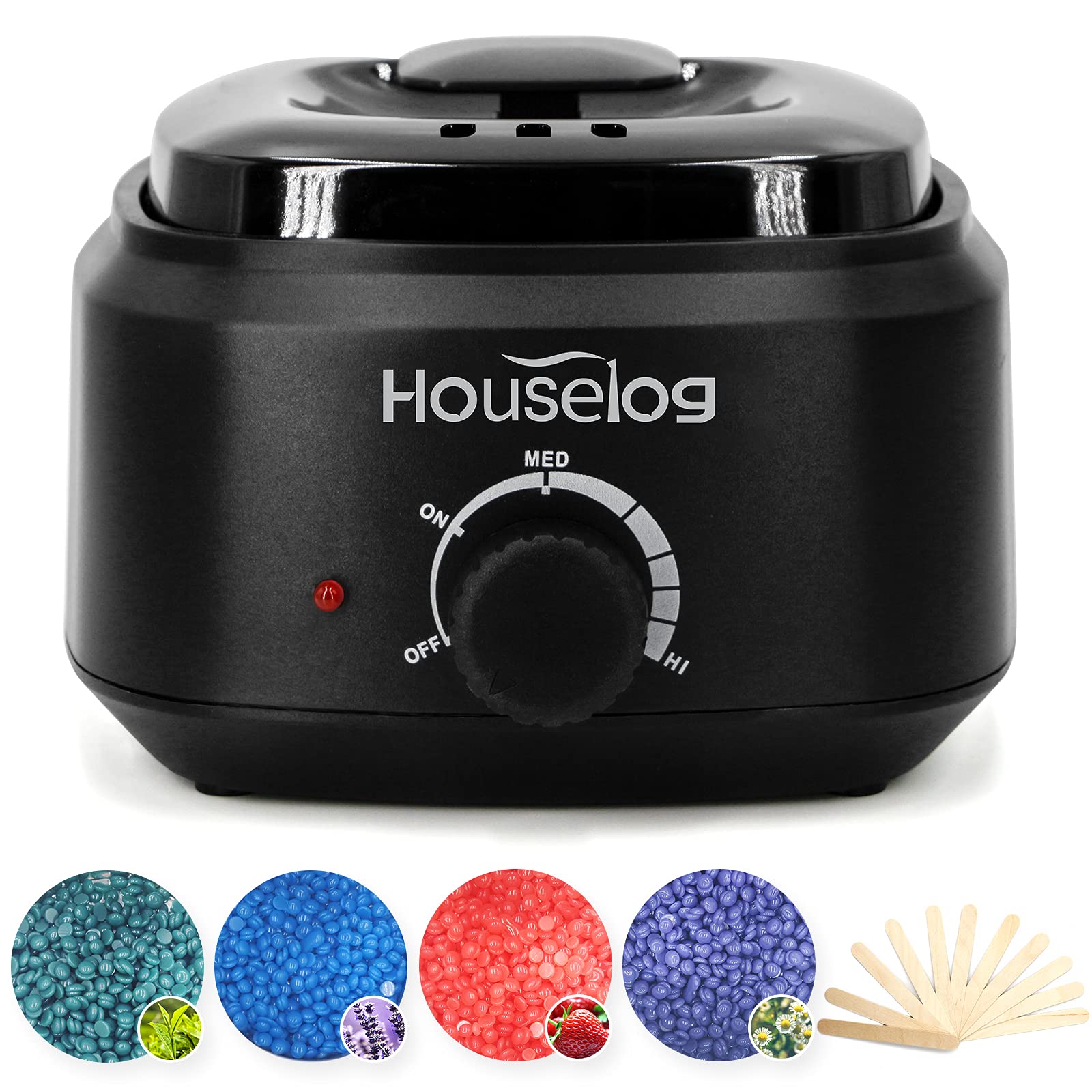 Houselog Wax Warmer Hair Removal Kit with 4 Different Hard Wax Beans and 10Pcs Wax Applicator Sticks for Women and Men (Black)
