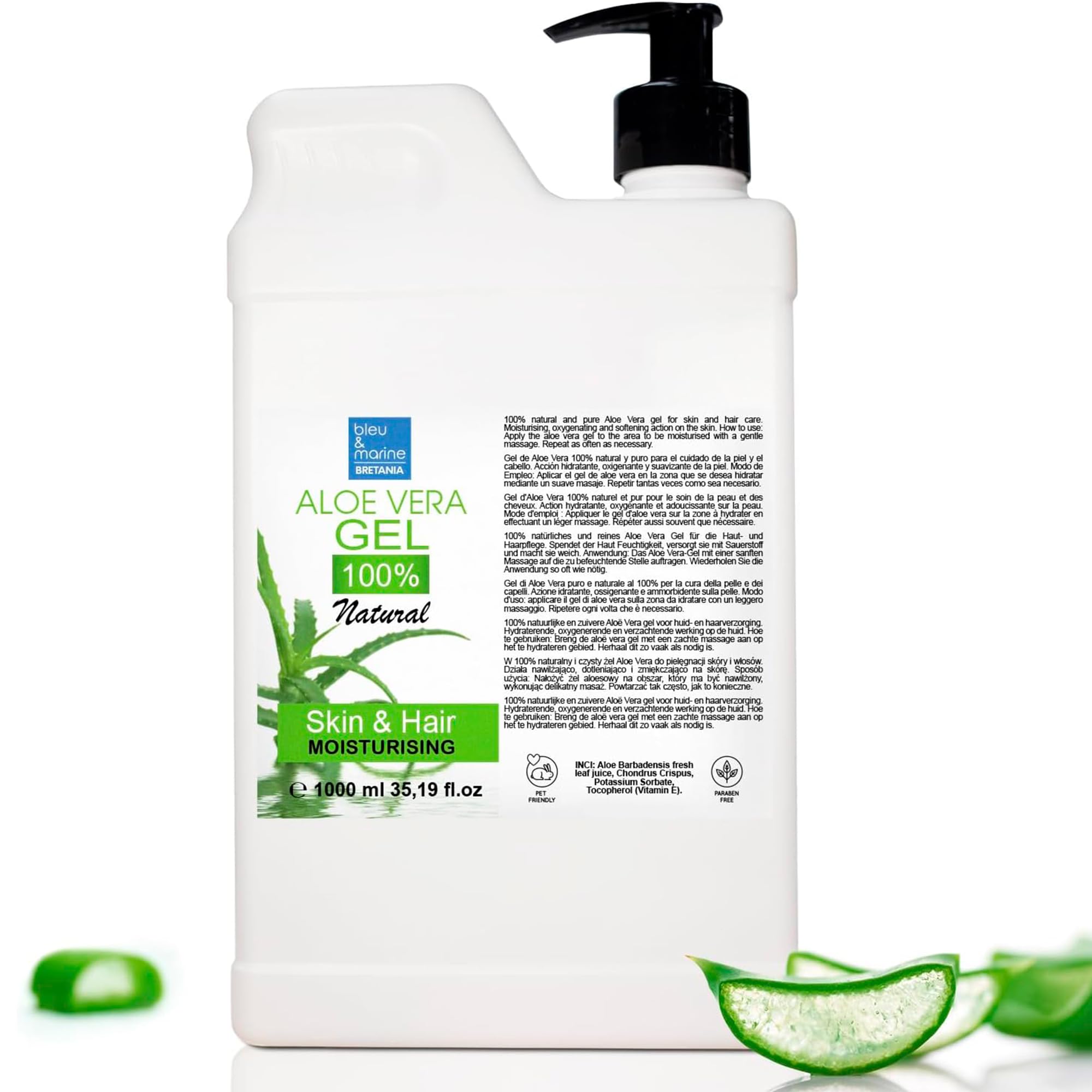 Aloe Vera Gel, 100% Natural, Gel Aloe Vera Puro, 1000 ml, Sollievo, Crema Doposole, Rasatura, Crema Post Depilazione, Idratante Viso, Corpo, Gel Aloe Vera Capelli, Canarie