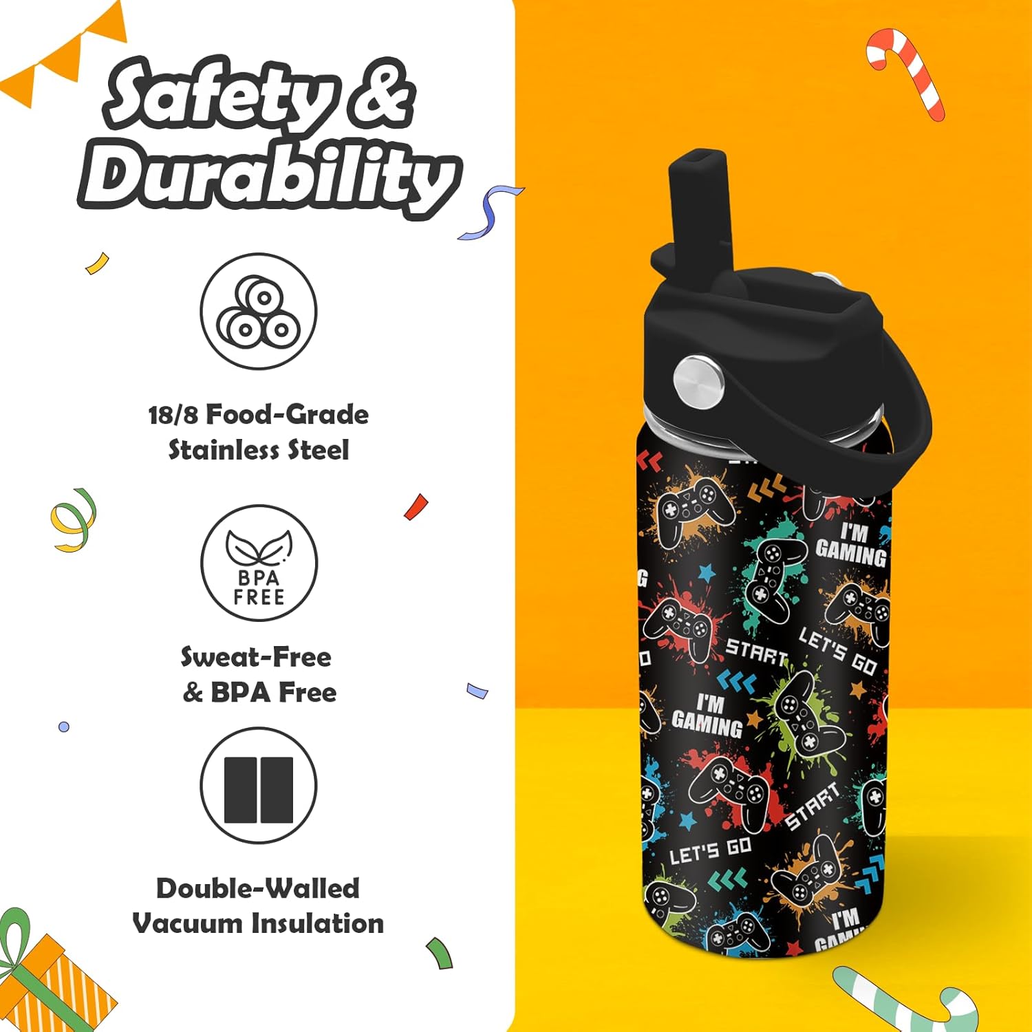 Game Water Bottle - 16oz Game Controller Stainless Steel Water Bottle with Straw - Funny Gamer Insulated Cup for Boys - Gaming Kids Tumbler for School, Sports, Travel - Image 4