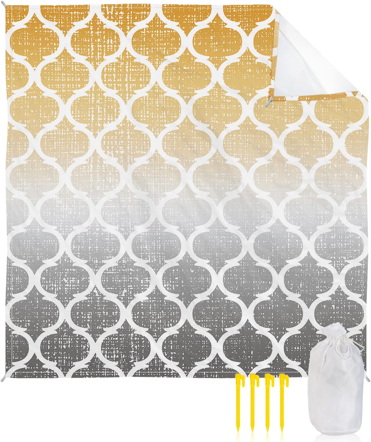 Morocco Pattern Ombre Yellow Grey Beach Blanket Waterproof Sandproof Outdoor Picnic Mat 118"x108" Art Lightweight Large Beaach Blankets with 4 Stake & 4 Corner Pockets