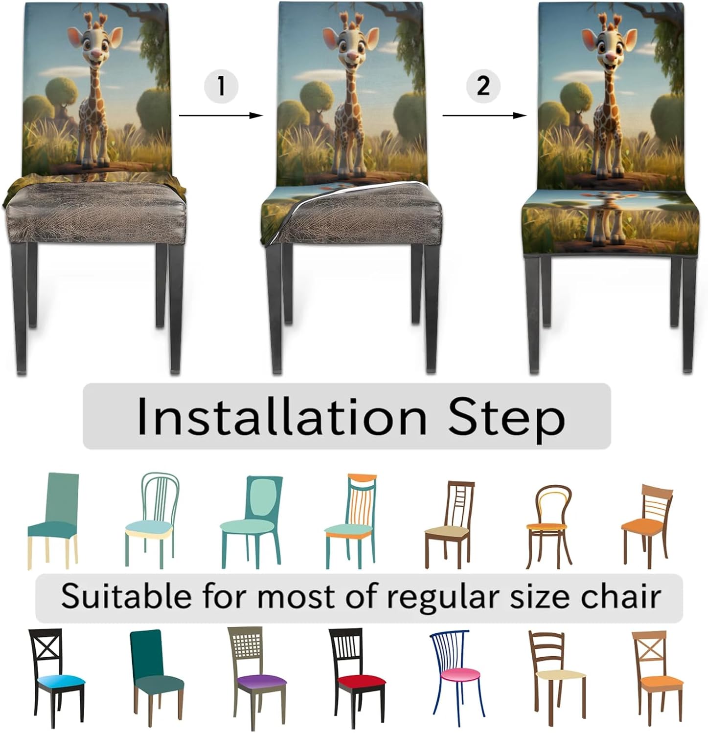 QsirBC Giraffe Meadow Stretch Dining Room Chair Covers Set of 6 Chair Slipcovers Removable Washable Kitchen Seat Covers Chair Protectors for Hotel Party Wedding