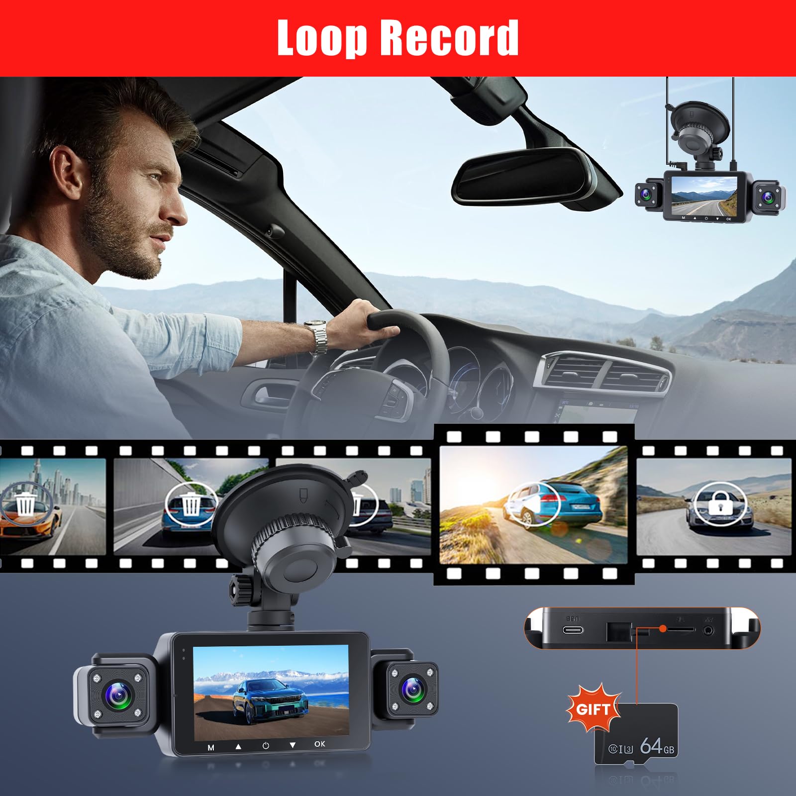 360° Dashcam 4 Canales, Camara para Coche Frontal 1080P, Pantalla IPS 3" | Cámara Vigilancia Coche Con WIFI y APP/Tarjeta SD 64GB/G-Sensor/24H Modo Aparcamiento/Visión Nocturna/Grabación en Bucle