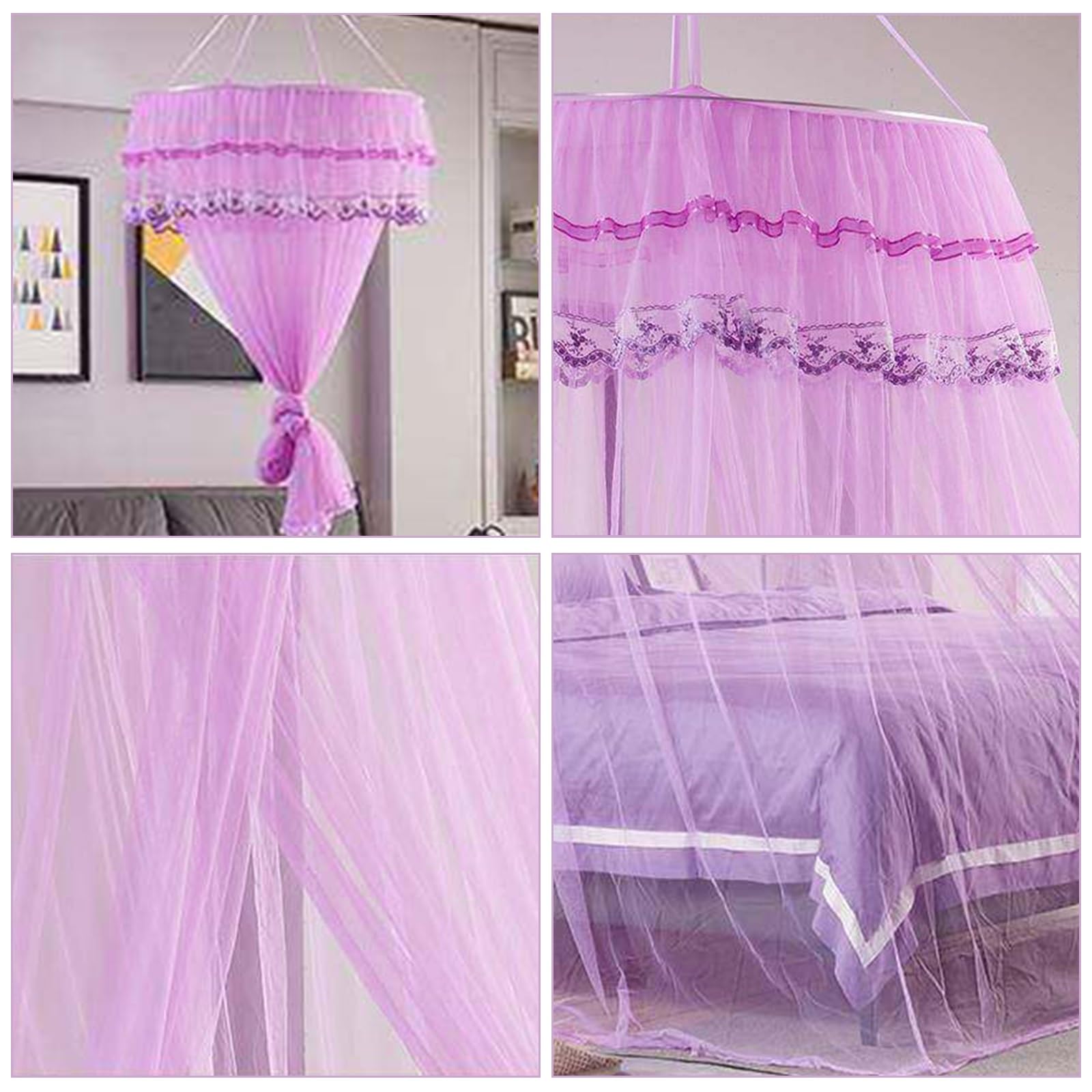 SARKEY Transparenter Netz Kuppel Bettvorhang,Prinzessinnen Betthimmel,Elegante Moskitonetz Bettvorhänge,Hängende Bettnetzabdeckung Für Schlafzimmer,Erwachsene,Hochzeit Dekoration(Purple)