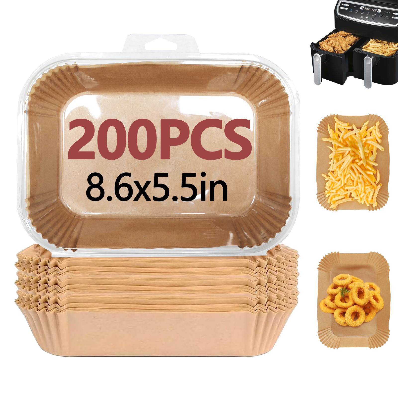200PCS Air Fryer Liners for Ninja, 8.6 x 5.5 inch Disposable Air Fryer Paper Dual Basket, Non-Stick Unbleached Parchment Paper Baking Accessories Liners for Natural Ninja DZ201 DZ401