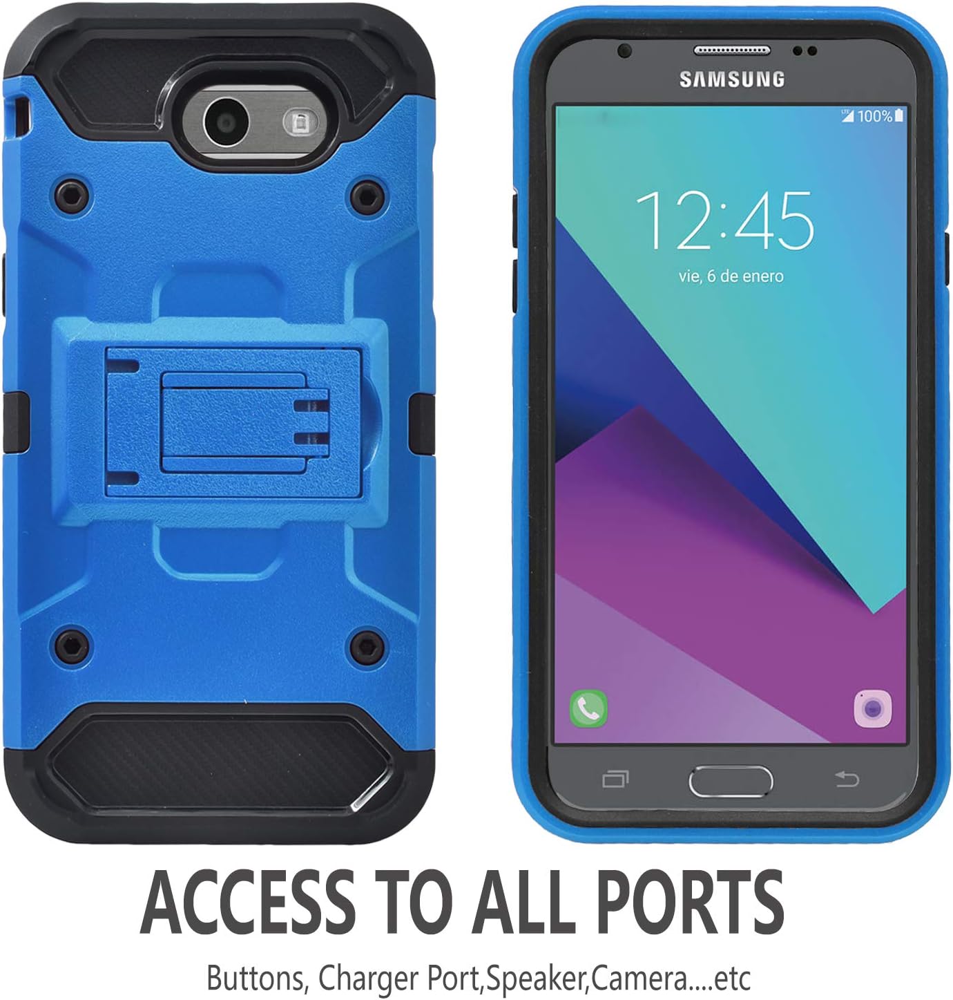 Galaxy J3 Luna Pro/J3 Eclipse/J3 Emerge/J3 Mission/J3 Prime/Express Prime 2/Amp Prime 2/Sol 2/J3 2017 Case, with Tempered Glass Screen Protector, Heavy Duty Cover and Kickstand Belt Clip-Blue