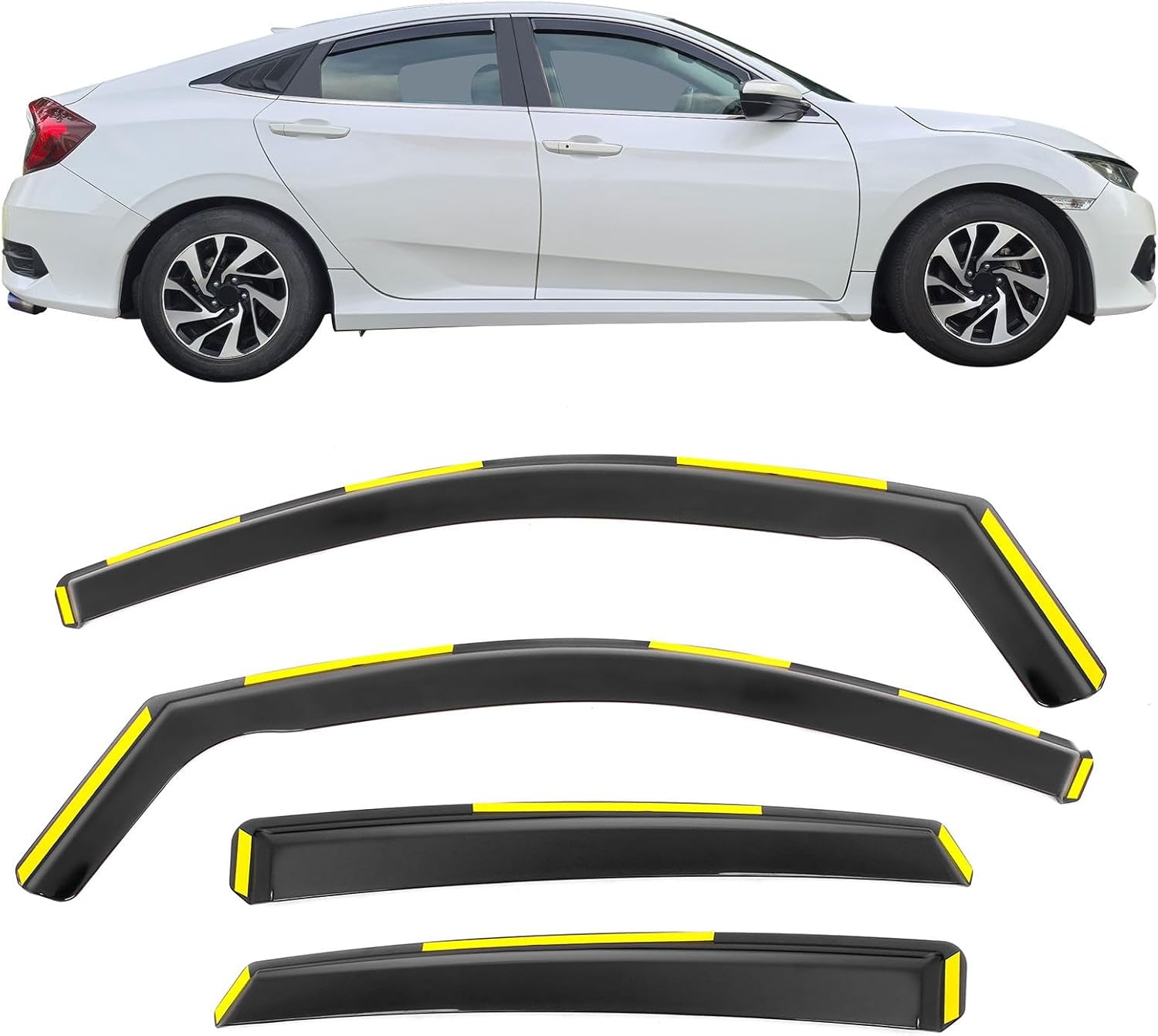 IKON MOTORSPORTS in Channel Window Visors Compatible with 2016-2021 Honda Civic Sedan 4-Door, in Channel Style Injection PC Black Rain Guards, Side Window Wind Deflectors 4PCS