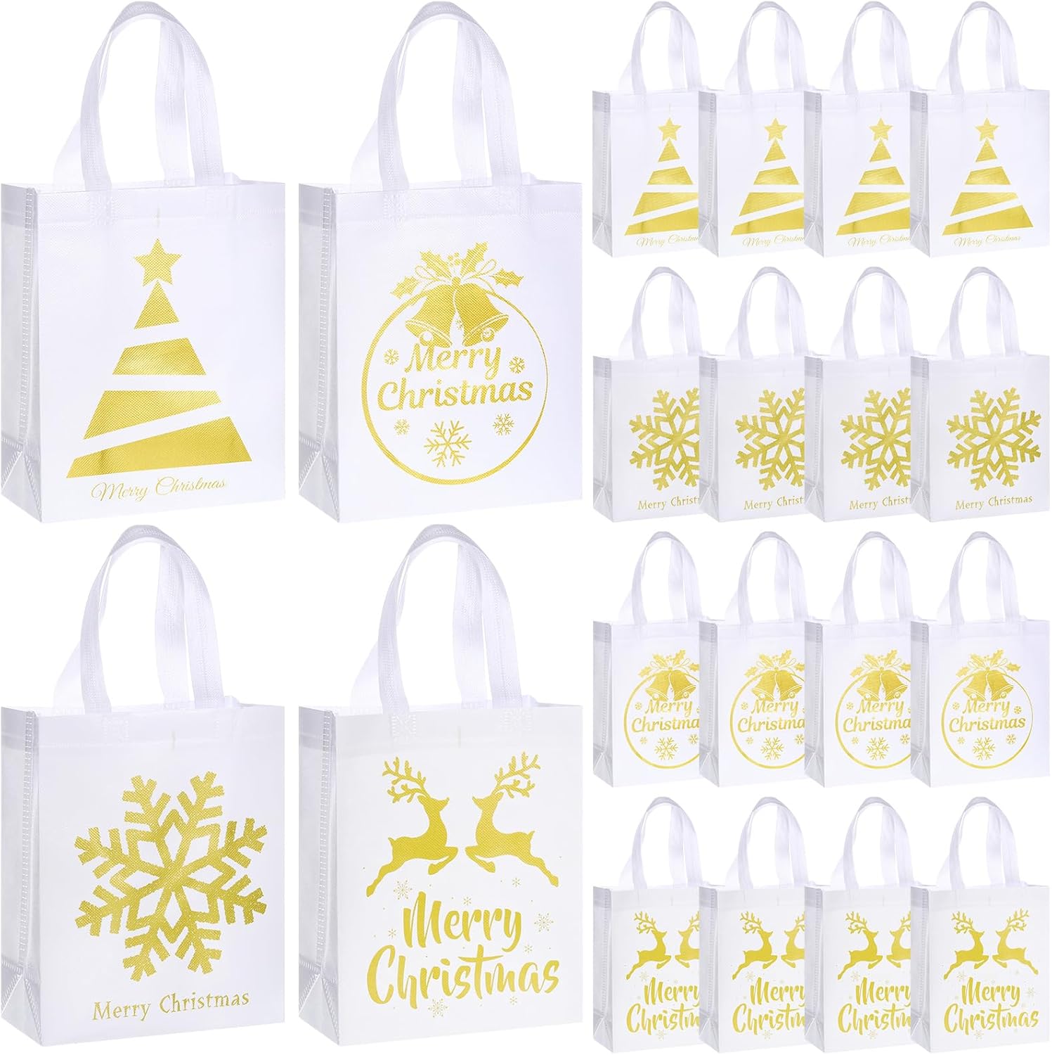 Wesnoy 24 Pcs Christmas Gift Bags Bulk 10 x 8 x 4 Inch Christmas White Gold Non Woven Party Favors Goodies Candy Bags with Handles for Holiday Gift Birthday Party Supplies
