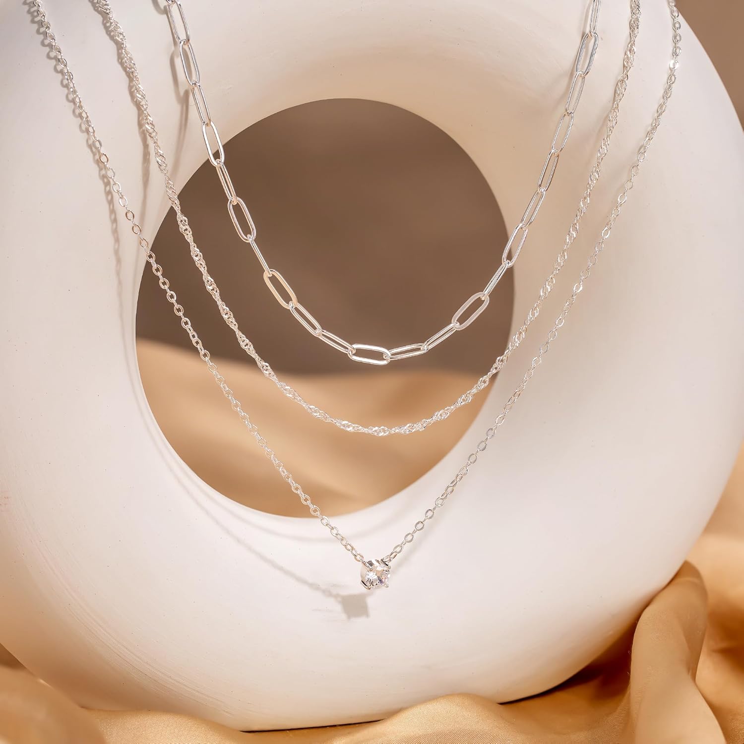 CHESKY Layered Silver Necklace for Women Trendy,Dainty Silver Plated Stackable Charm Necklace Layering Paperclip Tennis Rope Chain CZ Pendant Jewelry Set Gifts - Image 7