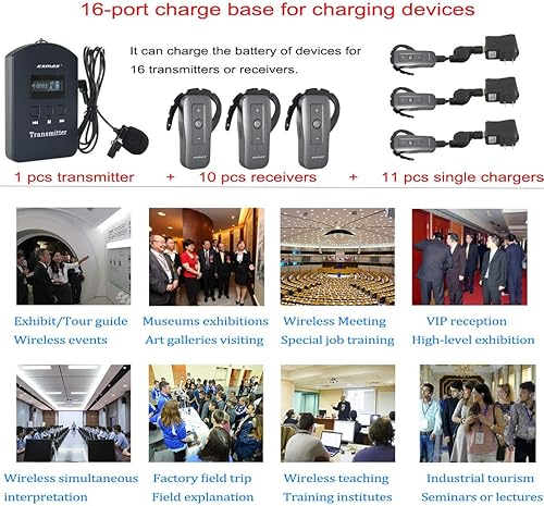 Miniatura 7 de EXMAX EXD-6688 Sistema de guía turístico de audio inalámbrico de 2.4 GHz, equipo de traducción de iglesia con 9999 canales para presentaciones,