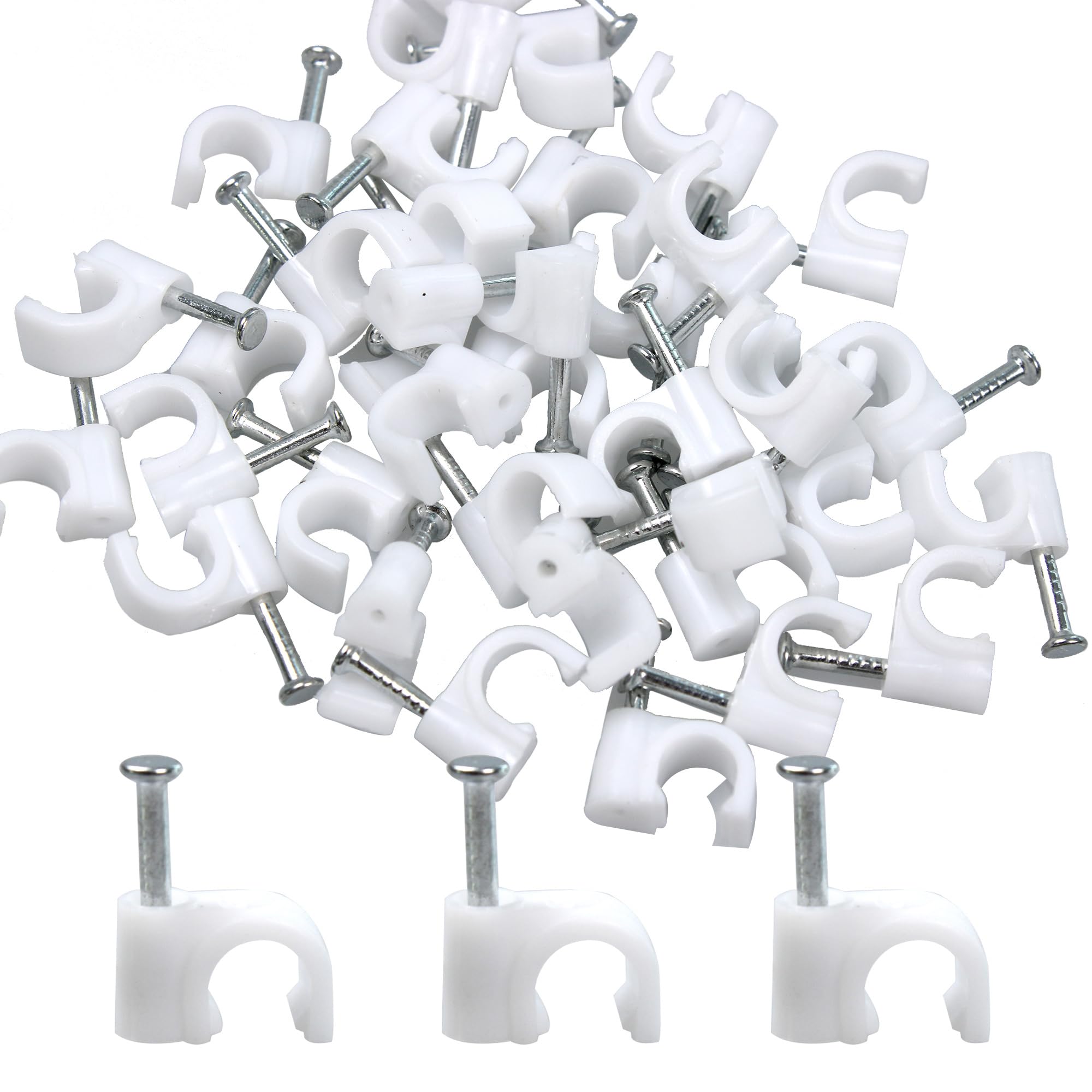 PDETVEO 100PCS White Half Clamps J-Hook with Nail, 1/4 Inch Nail in Cable Clips Ethernet Cable Nails for Tubing Pipe Support