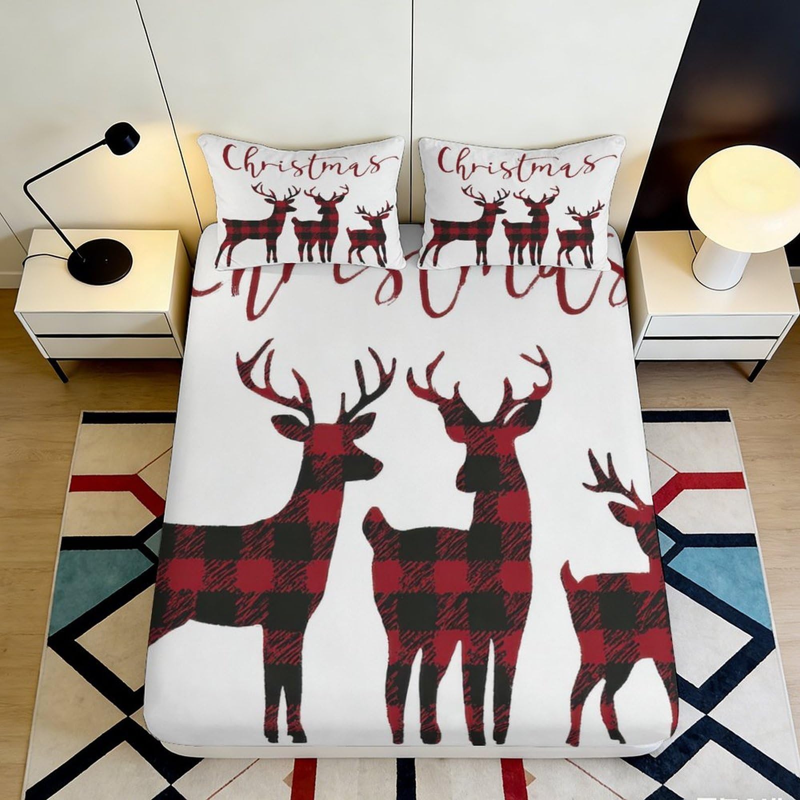 3D Printed Plaid Reindeer Fitted Sheet Microfiber Red Elk Bed Cover Non-slip Christmas Decor for Bedroom Dorm 90x200x25cm