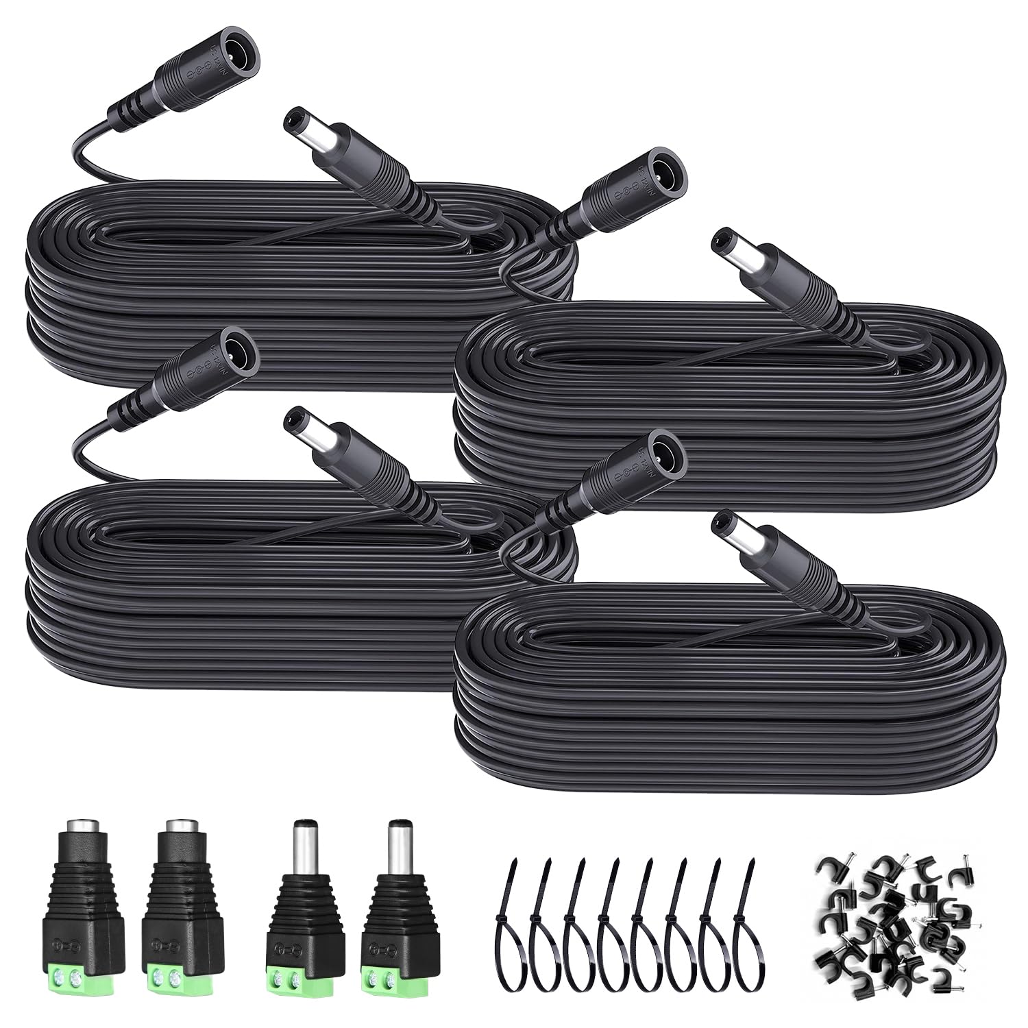 Lot de 4 rallonges d'alimentation CC de 10 m - 12 V CC - 5,5 mm x 2,1 mm - Avec connecteurs adaptateurs jack (2 mâles + 2 femelles) - Clips de câble - Attaches de câble pour caméra de sécurité/routeur