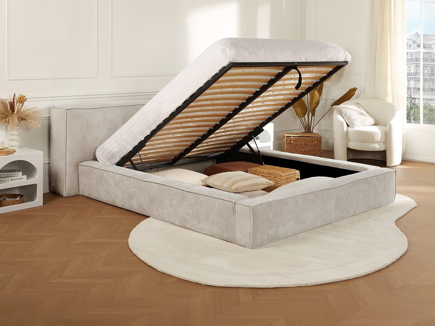 TIMANO storage bed with storage compartment open and items inside