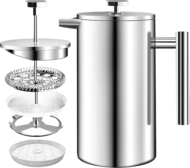 KICHLY Cafetiere 8 Cup Stainless Steel French Press Coffee Maker, Coffee Press with 3 Level Filtration System - Double Walled Insulated Caffettiere with 1 Extra Filter - 1000ml / 34Oz - Silver