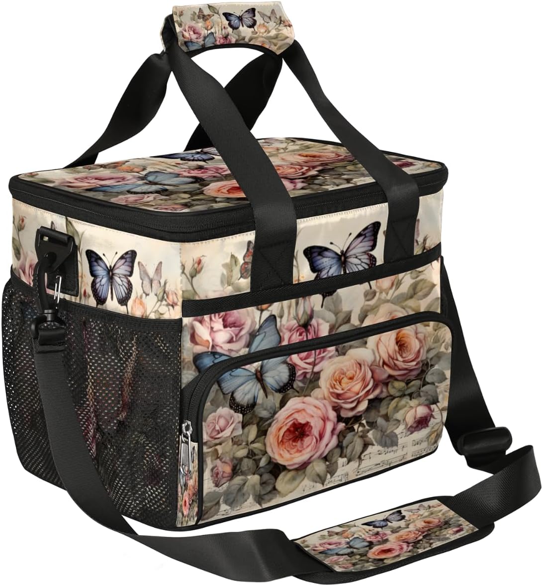Floral Insulated Picnic Backpack Lunch Box for Women Men Picnic Basket Tote Lunch Bag Picnic Bag Portable Lunch Bags for Picnic, Beach, Work, Trip,Office, Camp Retro Flowers