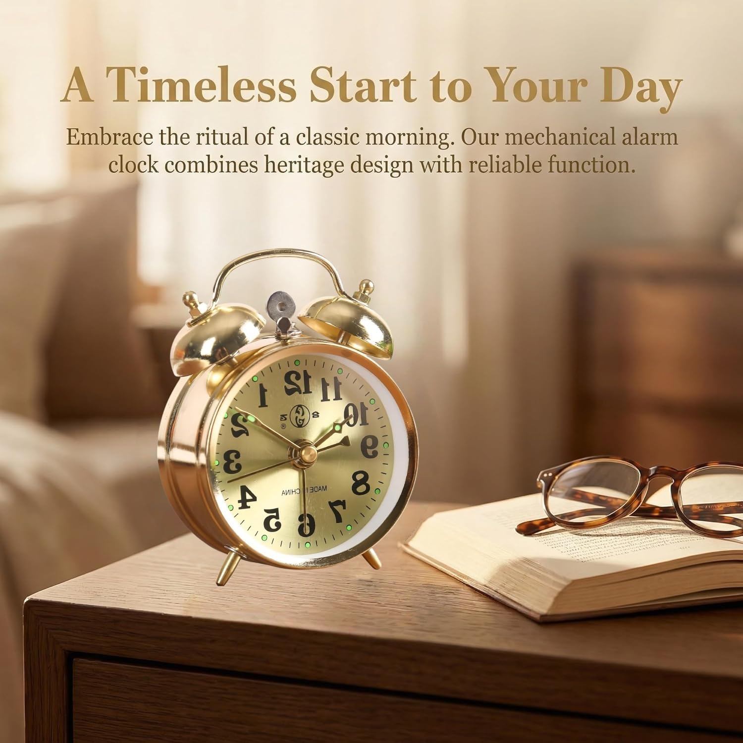 Vintage Wind Up Alarm Clock Twin Bell Mechanical No Battery Retro Clock