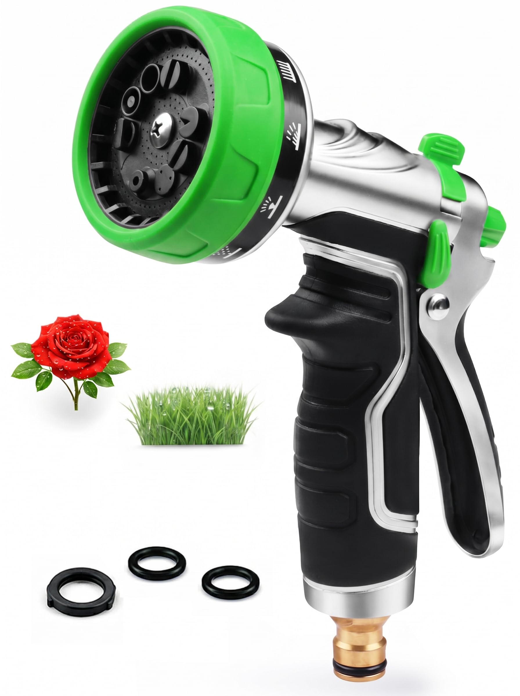Garden Hose Spray Gun: Heavy Duty Metal Nozzle with Solid Brass Fittings for Leak-Proof Seal - 10 Patterns & Thumb Control for Continuous, Fatigue-Free Watering of 100+ Potted Plants & Lawns Green