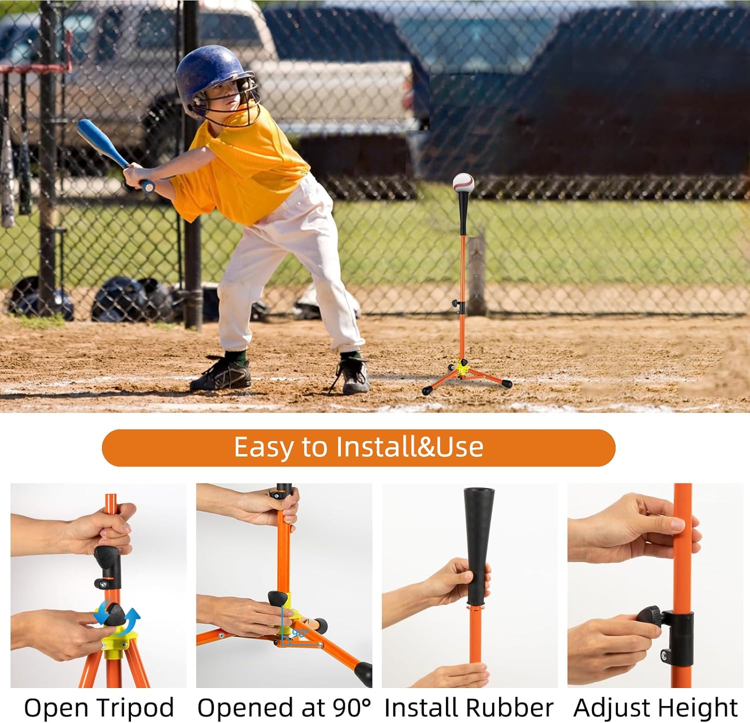 Baseball Tee for Kids, 18.87 to 29.29 Inches Batting Tee for Baseball, Portable Stable Baseball Hitting Tees with Carry Bag, Tripod Tanner Tee for Baseball Practice Tee Aged 3-8 Years (Orange)