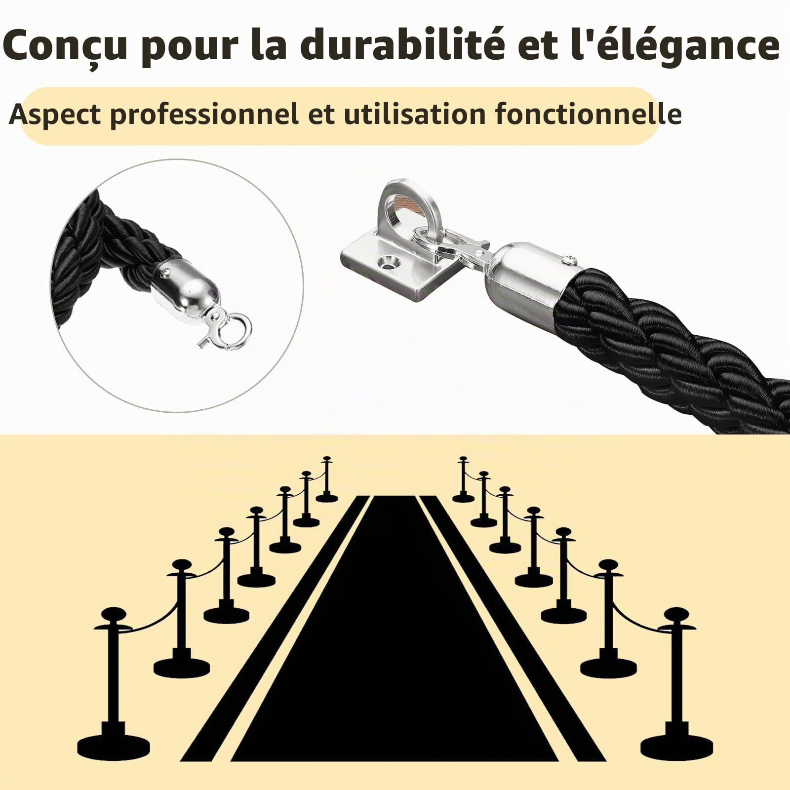 2 Pièces Cordon de délimitation Noir: 1,5m Cordes de Barrière Noir | avec Crochet, pour les hôtels, Centre Commercial, Bibliothèque, Musée, Système de Guidage des Personnes