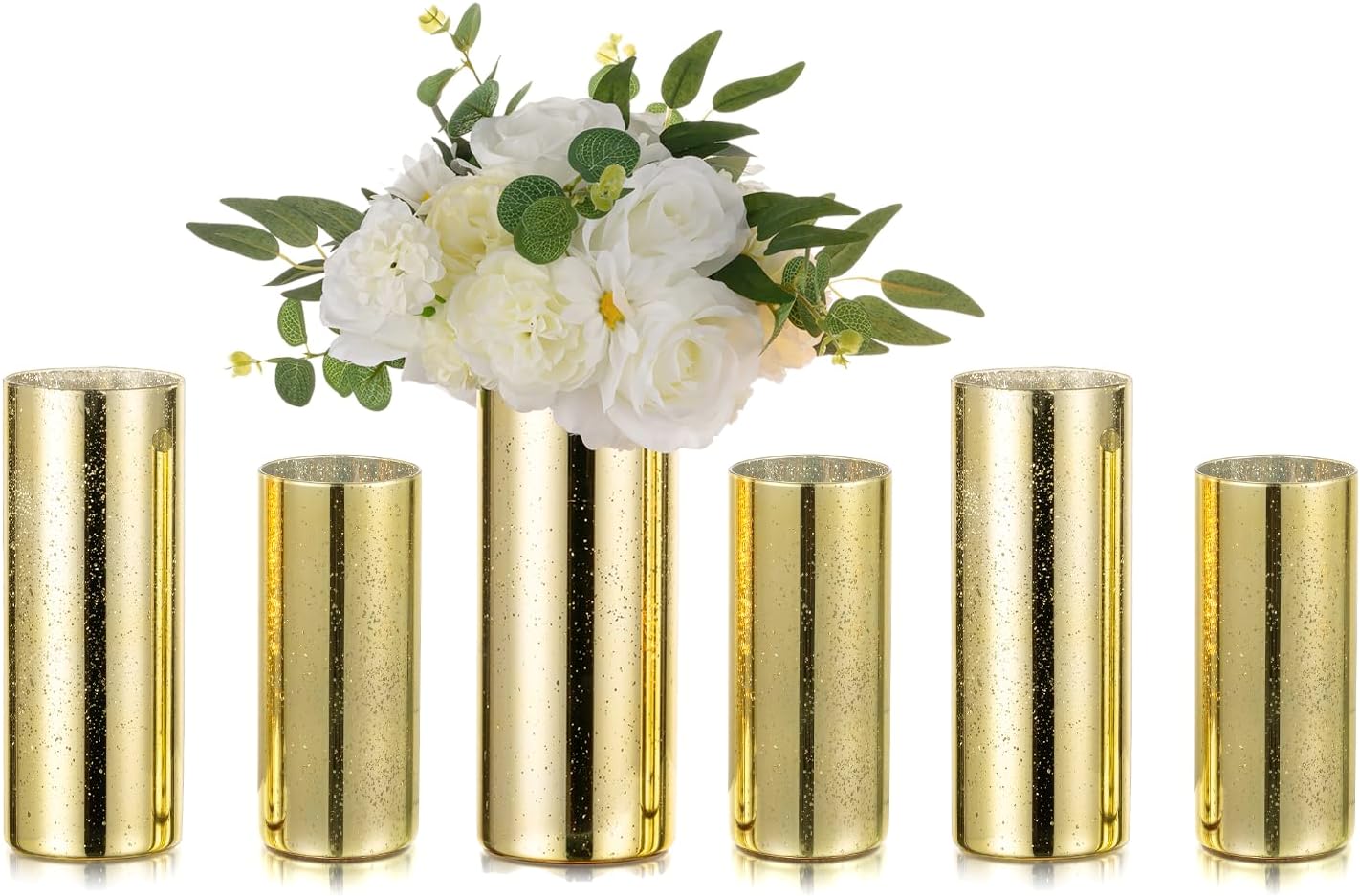 Glass Cylinder Vases Set of 6, Hewory Glittery Gold Vase for Centerpieces, Hurricane Candle Holders for Pillar or Floating Candle, Round Tall Vase for Wedding Anniversary Events Home Table Decor