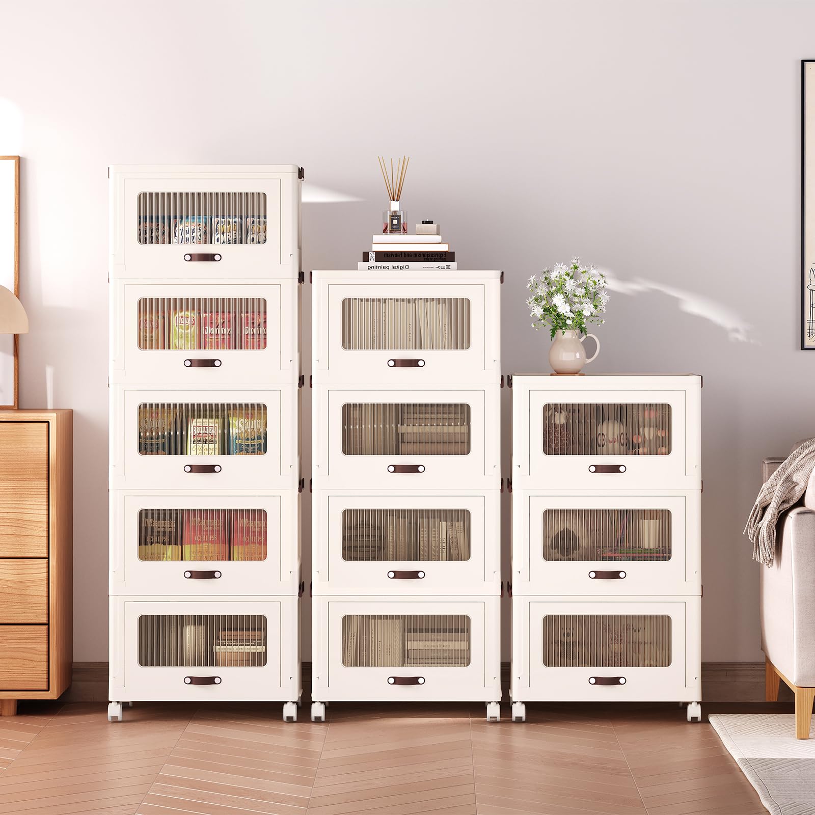 HOOBRO Rangement empilable à 3 niveaux, Organisateur mobile, Rangement Tiroir plastique à roulettes, Chariot de Snacks de style doux, pour rangement de chambre, Blanc EWG340CW01