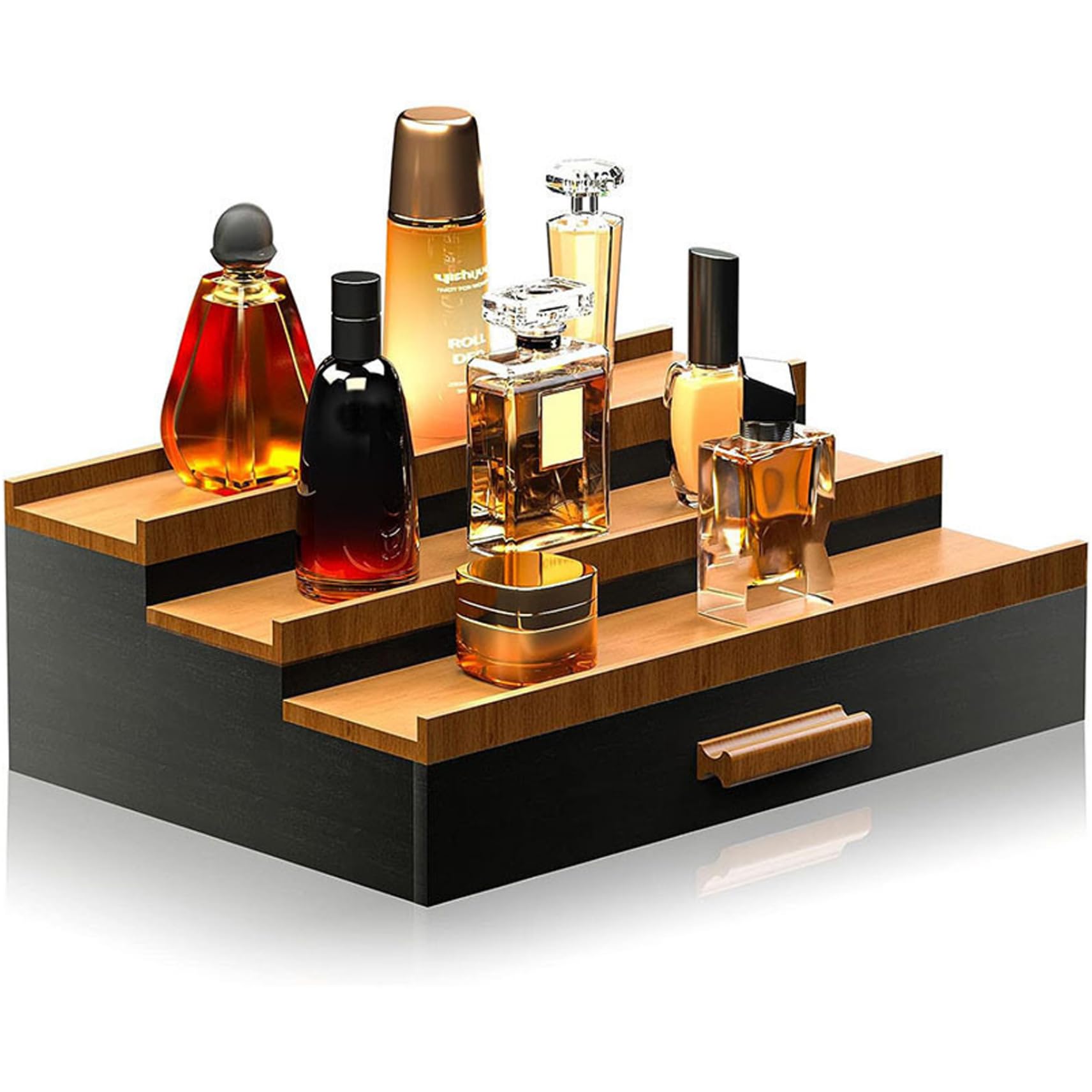 Suxdlan Perfume Organizer, 12.6x8.7x4.1 Inch Wooden Perfume Stand, 3 Tier Elevated Cologne Organizer with Compartment Drawers, Portable Cologne Stand for Living Room Dresser