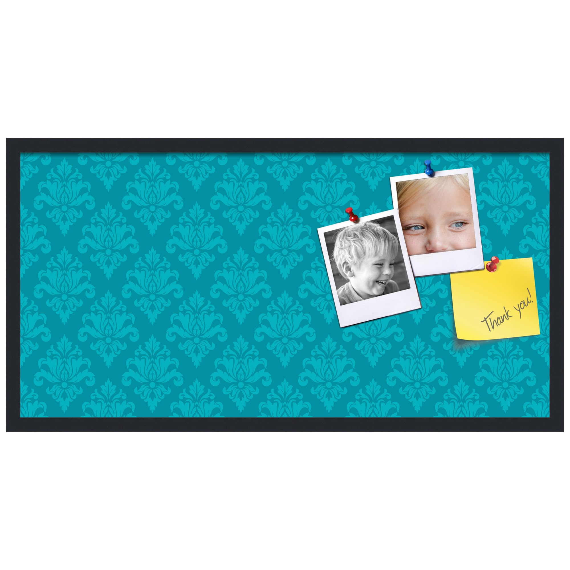PinPix 36x18 inch Cork Bulletin Board. This Decorative Framed Pin Board Comes with Damask Teal Design and Satin Black. Ideal for Home, Office Decor or